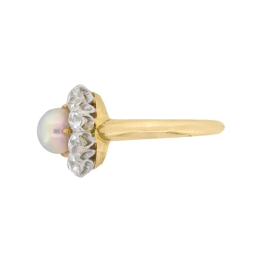 Old Mine Cut Late Victorian Natural Pearl and Diamond Cluster Ring, circa 1910 For Sale