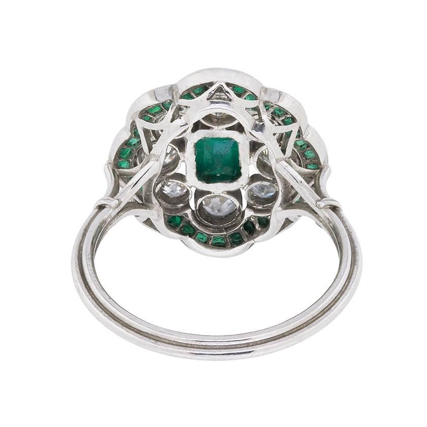 Women's or Men's Art Deco Emerald and Diamond Cluster Ring, circa 1920s