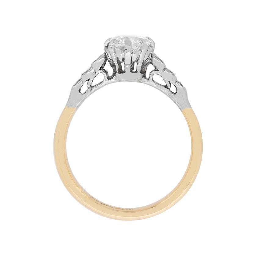 Dating back to the 1940s, this Victorian inspired solitaire ring features a centre stone weighing 0.64 carat. It has been given an approximate grading of H in colour and VS2 in clarity and is beautifully claw set, within a platinum made collet. The