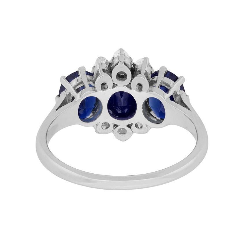 Women's or Men's Art Deco Three-Stone Sapphire and Diamond Ring, circa 1920s