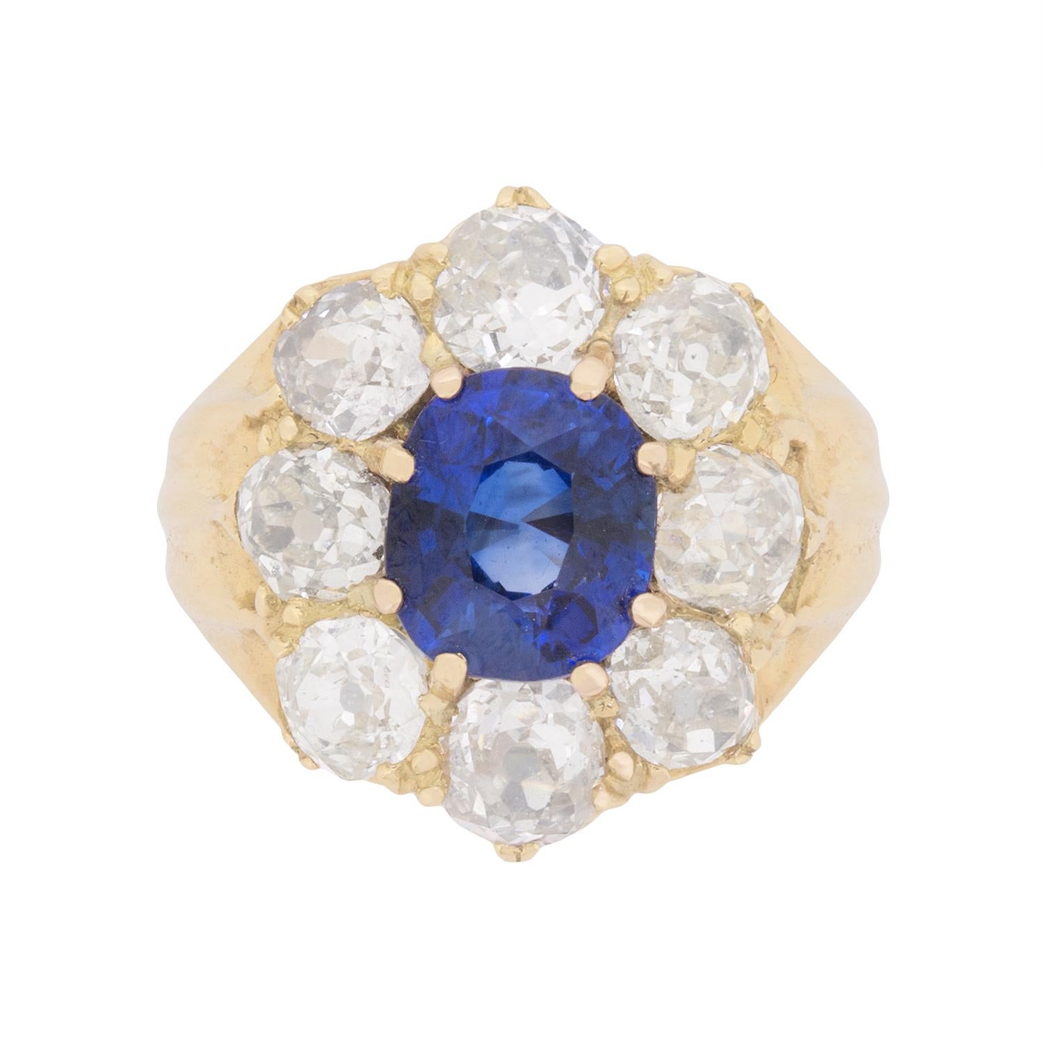 Victorian Sapphire and Diamond Cluster Ring, circa 1900s For Sale