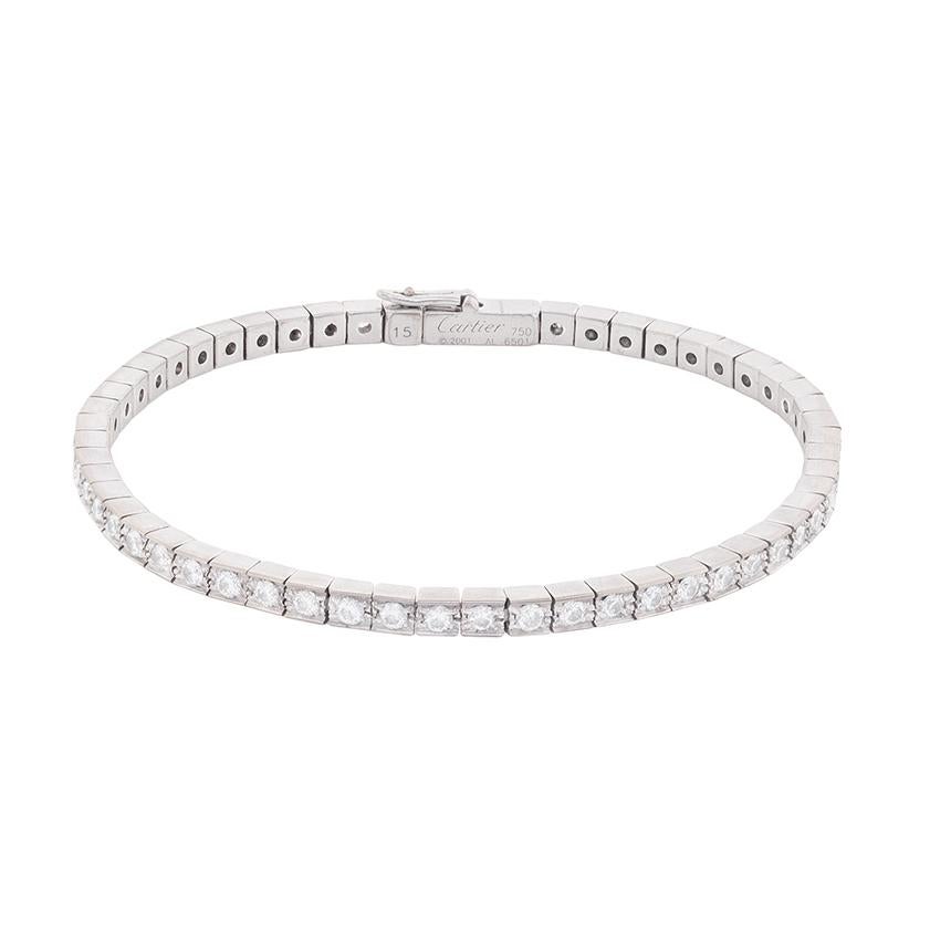 From the Cartier collection 'Lanieres' this line bracelet has a total of 2.24 carat. There are 56 diamonds in total, each weighing 0.04 carat and they are top quality. Estimated as F in colour and VS in clarity, these diamonds really sparkle. They