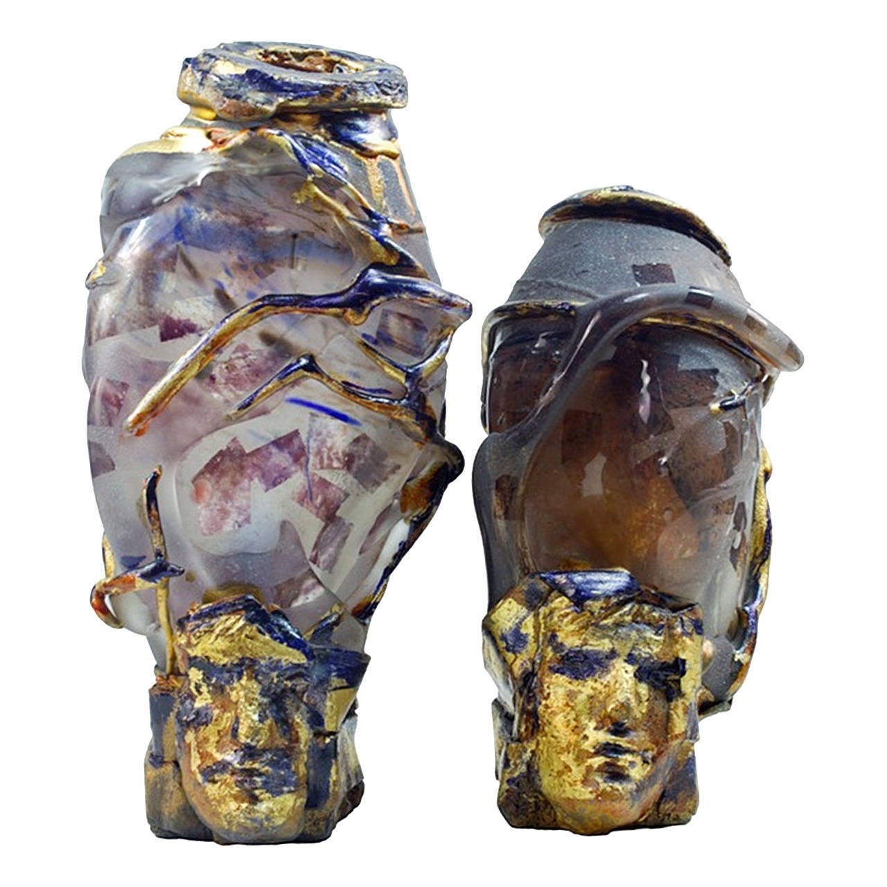 Raymond Martinez Patte de Verre Janus Glass Vessels Vases For Sale