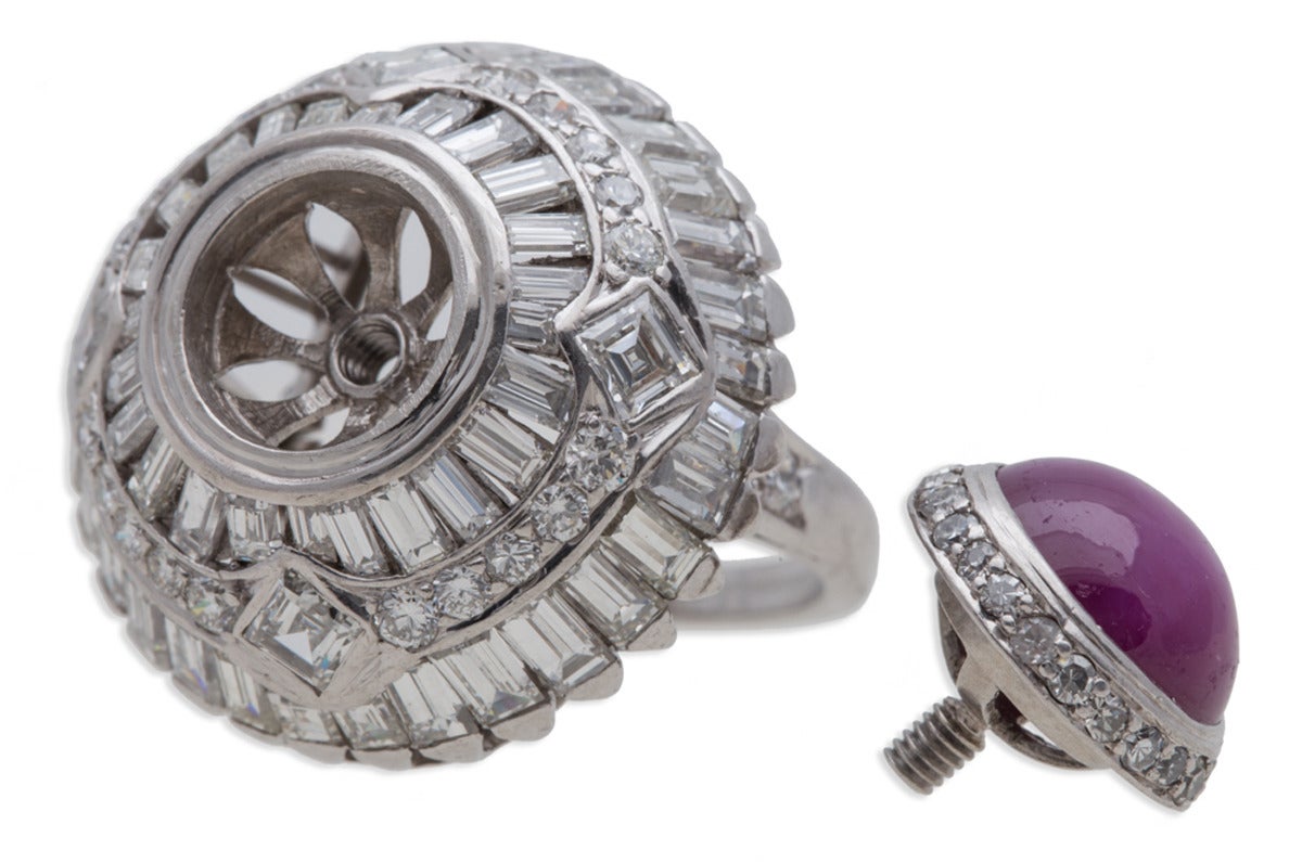 Art Deco Antique Star Ruby Diamond Platinum Ring For Sale