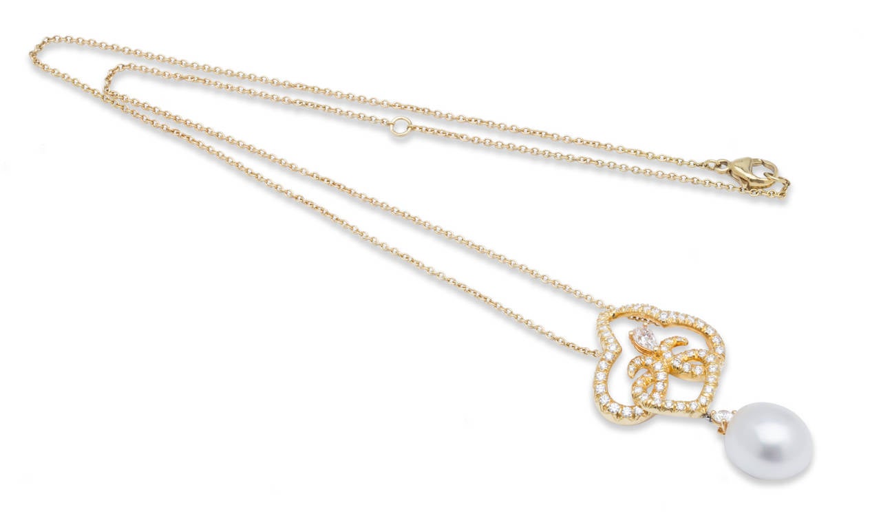 Henry Dunay Pearl and Diamond Necklace in 18K Yellow Gold on 18K Chain. Total Diamond Weight 1.46ct, Necklace Length 20