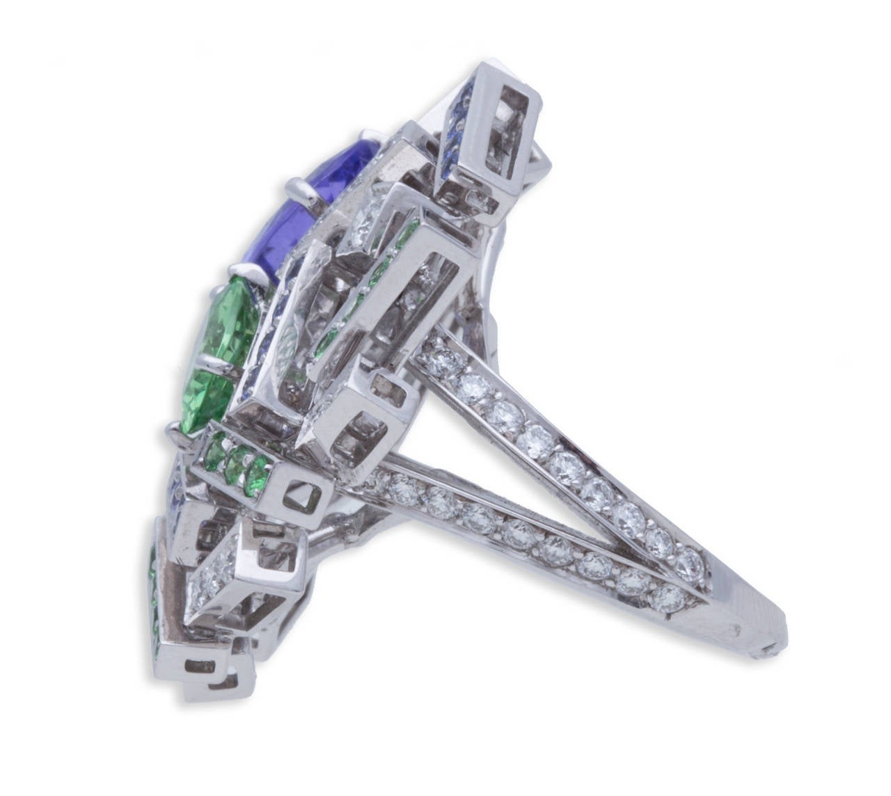 Chaumet Le Grand Frisson Ring in 18K White Gold, with Diamonds, Violet Sapphires, and Tsavorite Garnets. Ring Size: 5.5, Hallmark: 