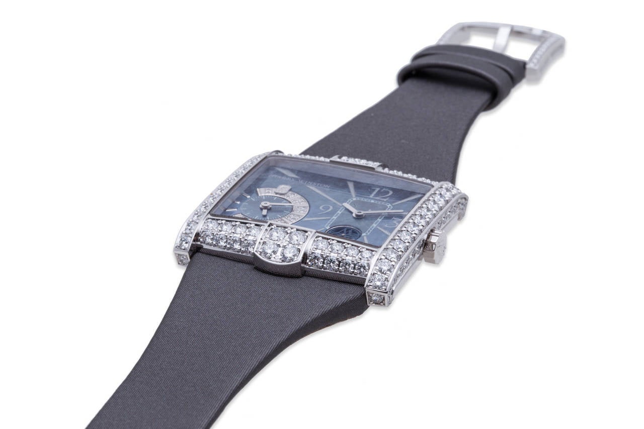 Harry Winston Avenue B Squared Diamond Ladies Watch, 18K White Gold Diamond Case 36.4mm x 36.5mm, Blue Mother of Pearl Dial with Diamonds, Double Quartz Movements, Ref. 350-LQTZWL-M1-00, Brand New with Box & Papers.