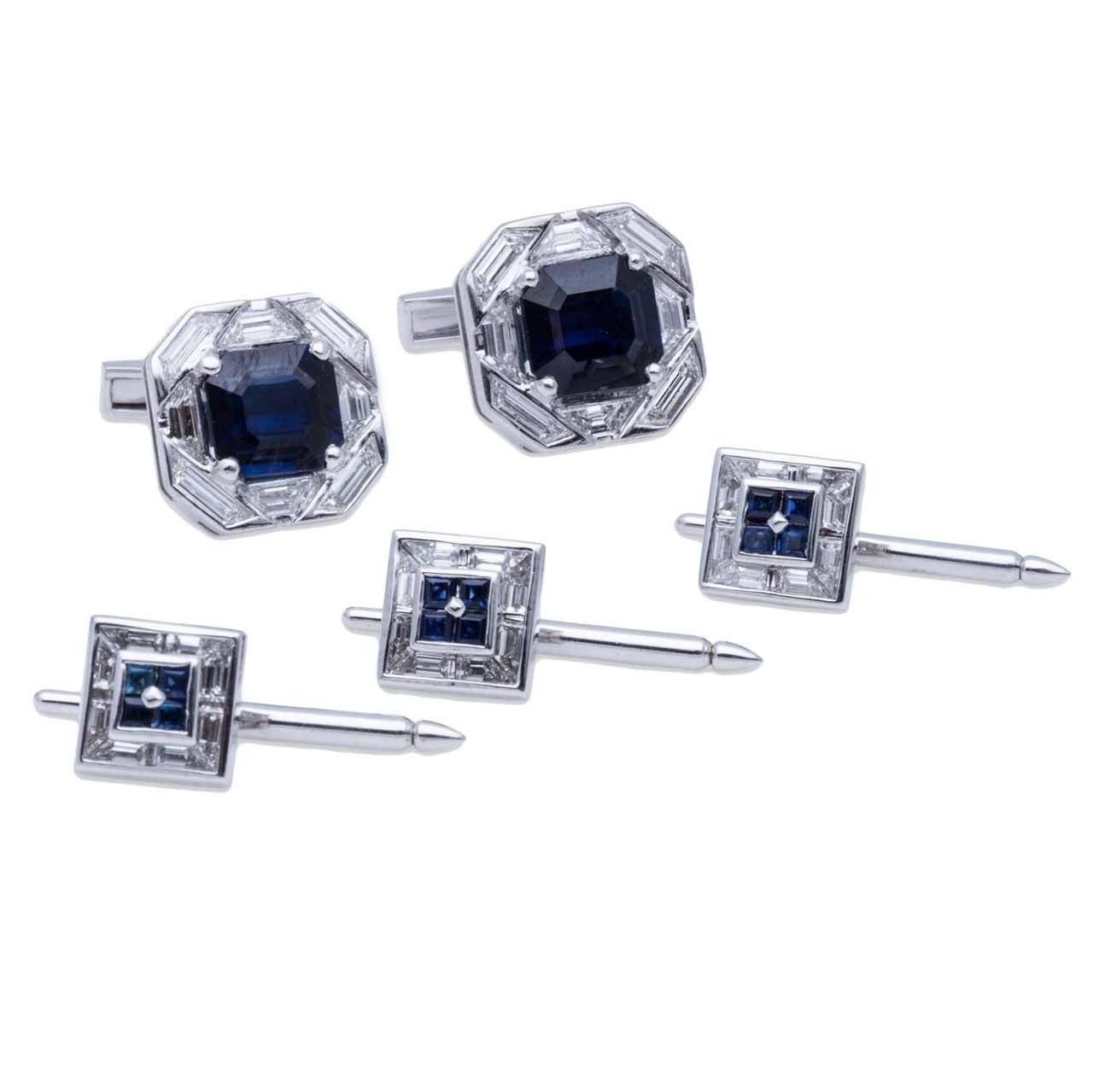 Sapphire Diamond Cufflink Stud Set For Sale