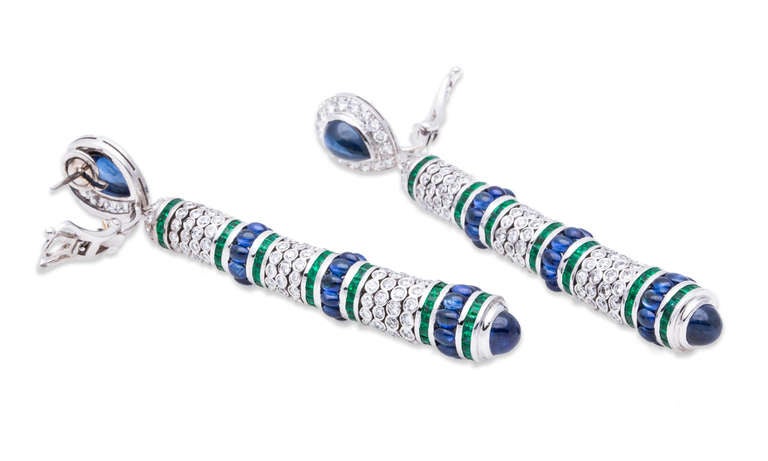 Very rare de Grisogono Diamond Sapphire and Emerald hanging earrings in 18K White Gold. Length 3 1/2
