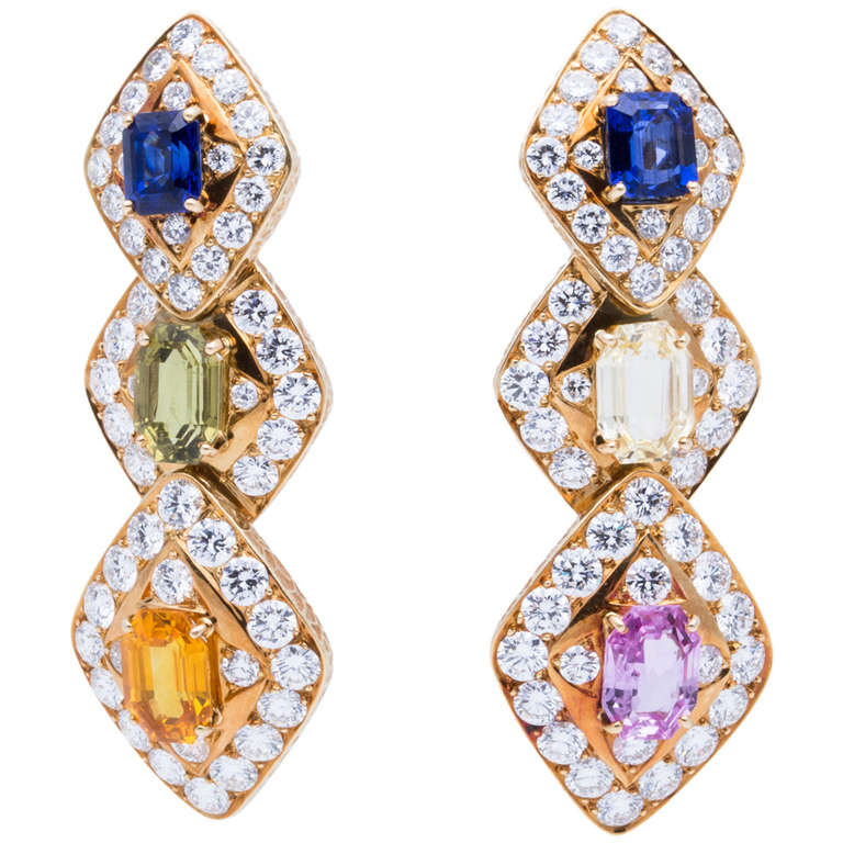 Fred Paris Multicolor Sapphire Diamond Yellow Gold Earrings