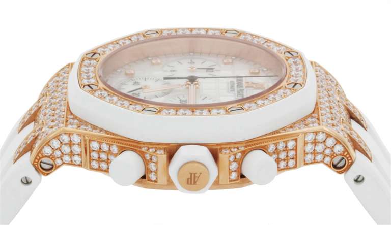 Audemars Piguet Lady's 18K Rose Gold and Diamond Royal Oak Offshore Chronograph Wristwatch, Case 37mm, 323 diamonds, approximately 5.90 cts, White Mother-of-Pearl Dial with Diamond Markers, 18K Rose Gold and Diamond Deployment Clasp, White Rubber
