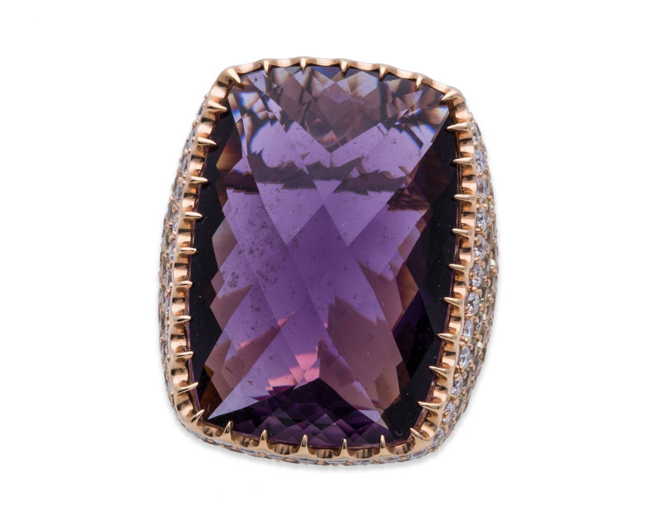 Crivelli Large Amethyst Diamond and Sapphire Ring in 18K Yellow Gold, Center Stone is a Large Amethyst 1.00