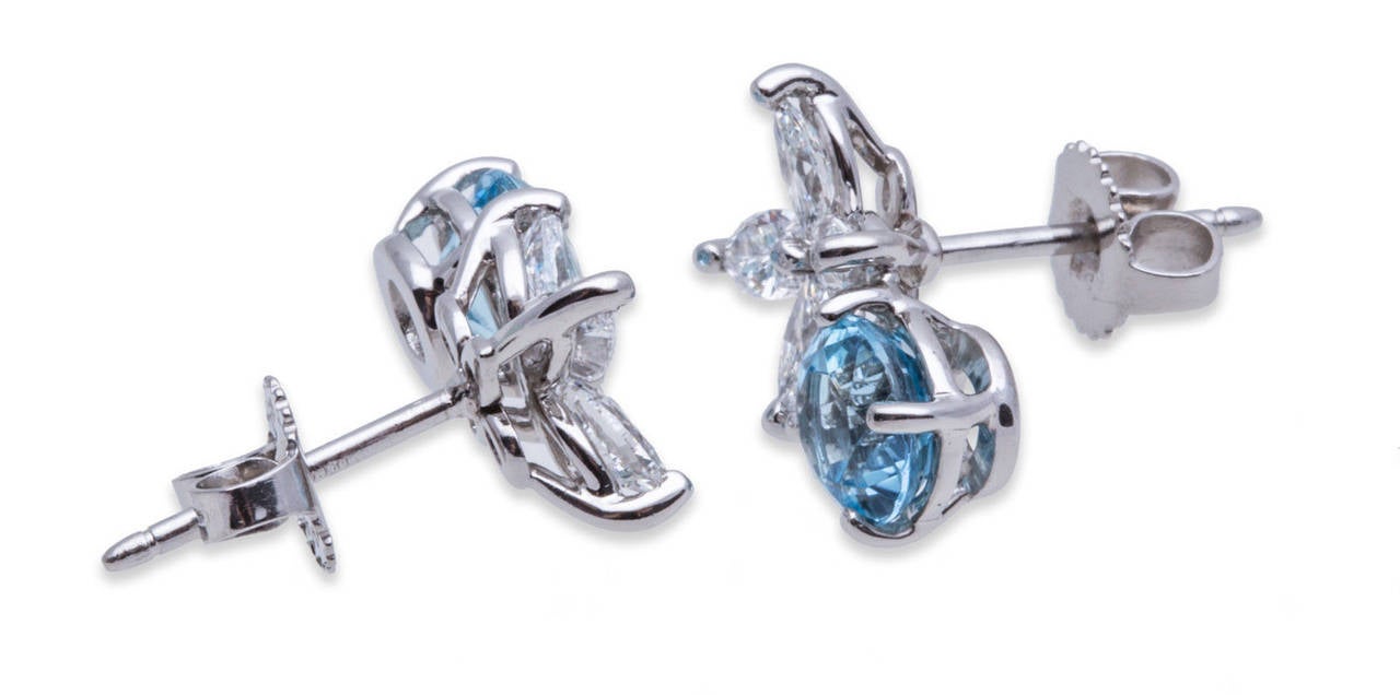 Tiffany & Co. Platinum Earrings with Marquise Diamonds and Round Aquamarine in Platinum, Total Diamond Weight 0.72ct, Total Aquamarine Weight 0.91ct, Hallmark: 