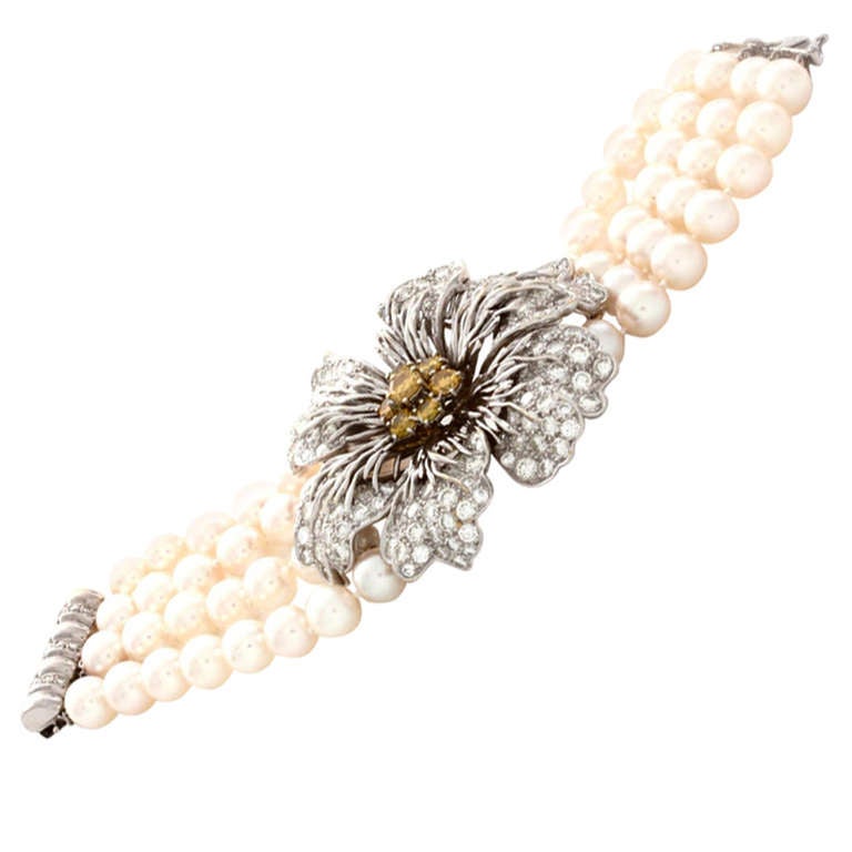 Hammerman Brothers Diamond and Pearl Flower Bracelet For Sale