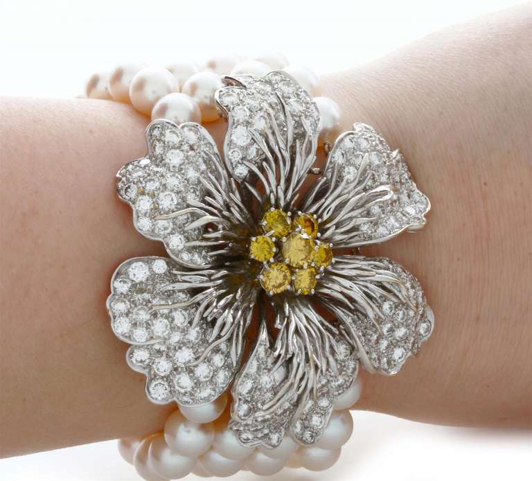 Contemporary Hammerman Brothers Diamond and Pearl Flower Bracelet For Sale
