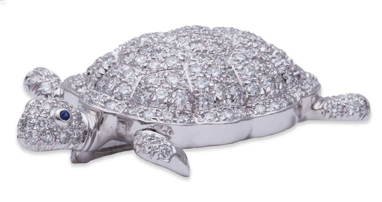 Tiffany & Co Platinum Turtle Brooch, all Diamond Pave with Blue Sapphire Eyes.