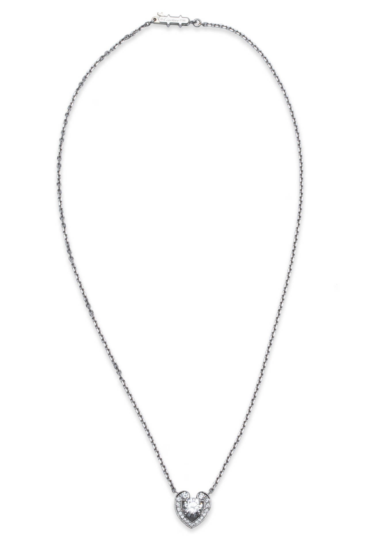 Cartier Diamond Heart Necklace in Platinum. Center Stone: 1.11ct F VS1, Total Diamond Weight: 1.38ct, Necklace Length: 16