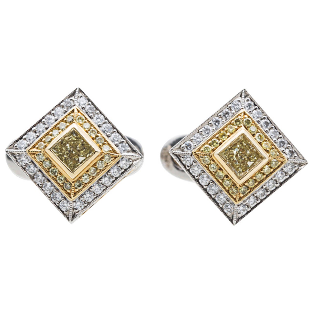 Beaudry White and Fancy Yellow Diamond Cufflinks For Sale