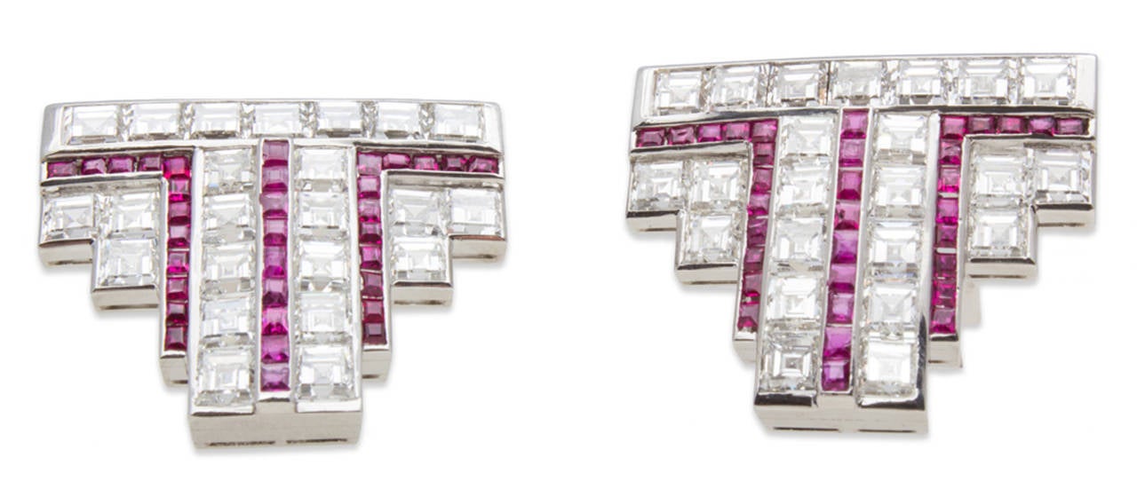 Art Deco Ruby Diamond Platinum Brooch