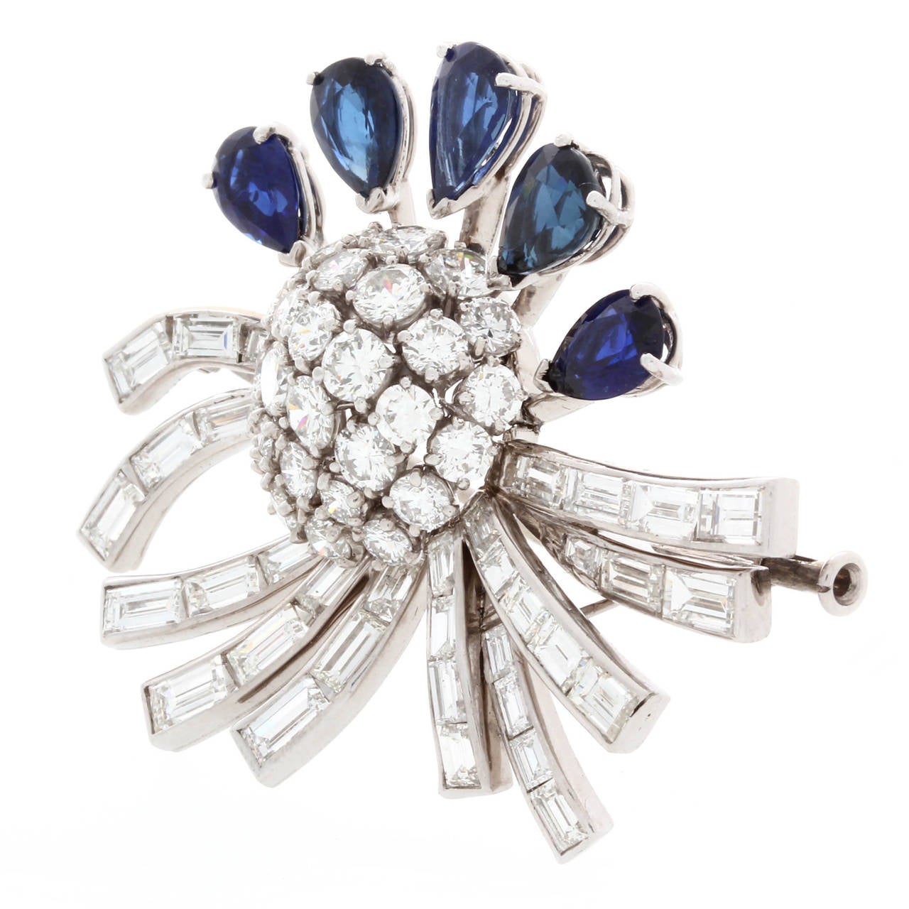 Diamond and Sapphire Platinum Brooch For Sale