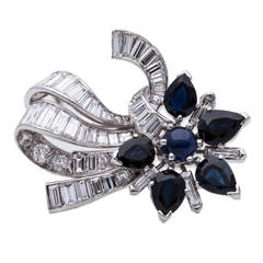 Sapphire Diamond Gold Ribbon Brooch Pendant 1
