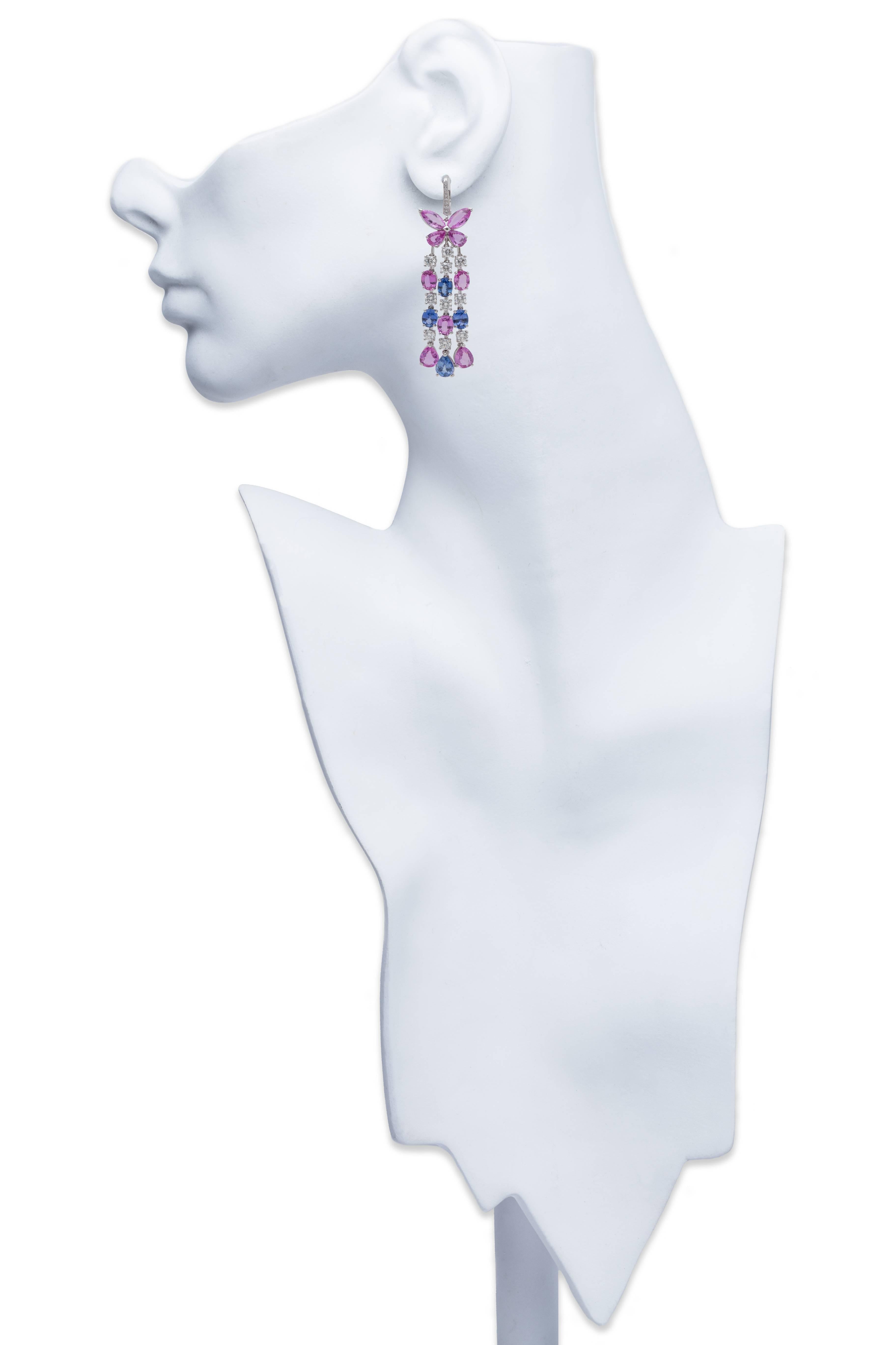 Graff Earrings with Diamonds, Pink, and Blue Sapphires in 18K White Gold. Earrings Length 2.75