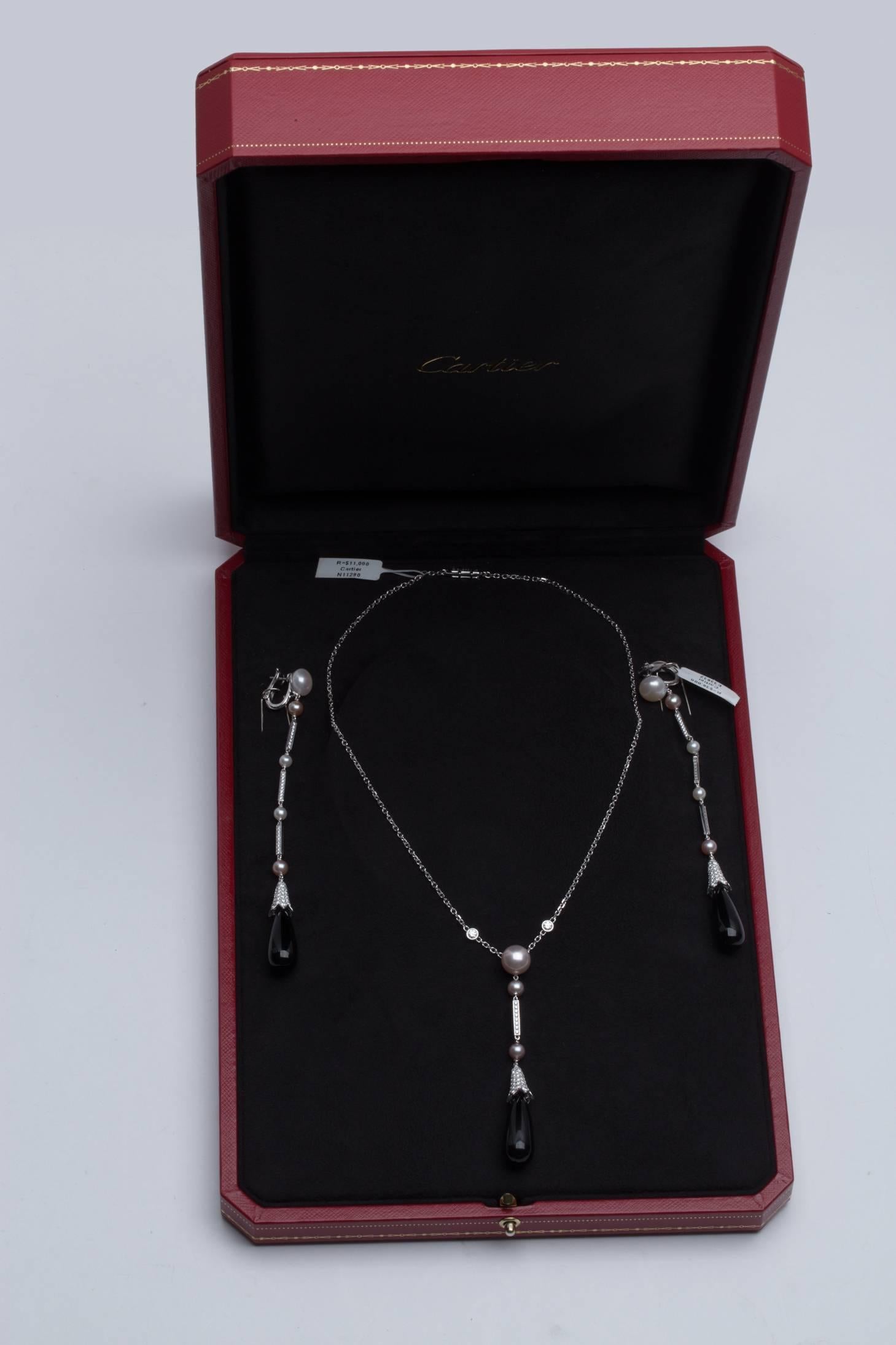 Cartier Pearl Onyx Diamond Earring and Necklace Set For Sale 3