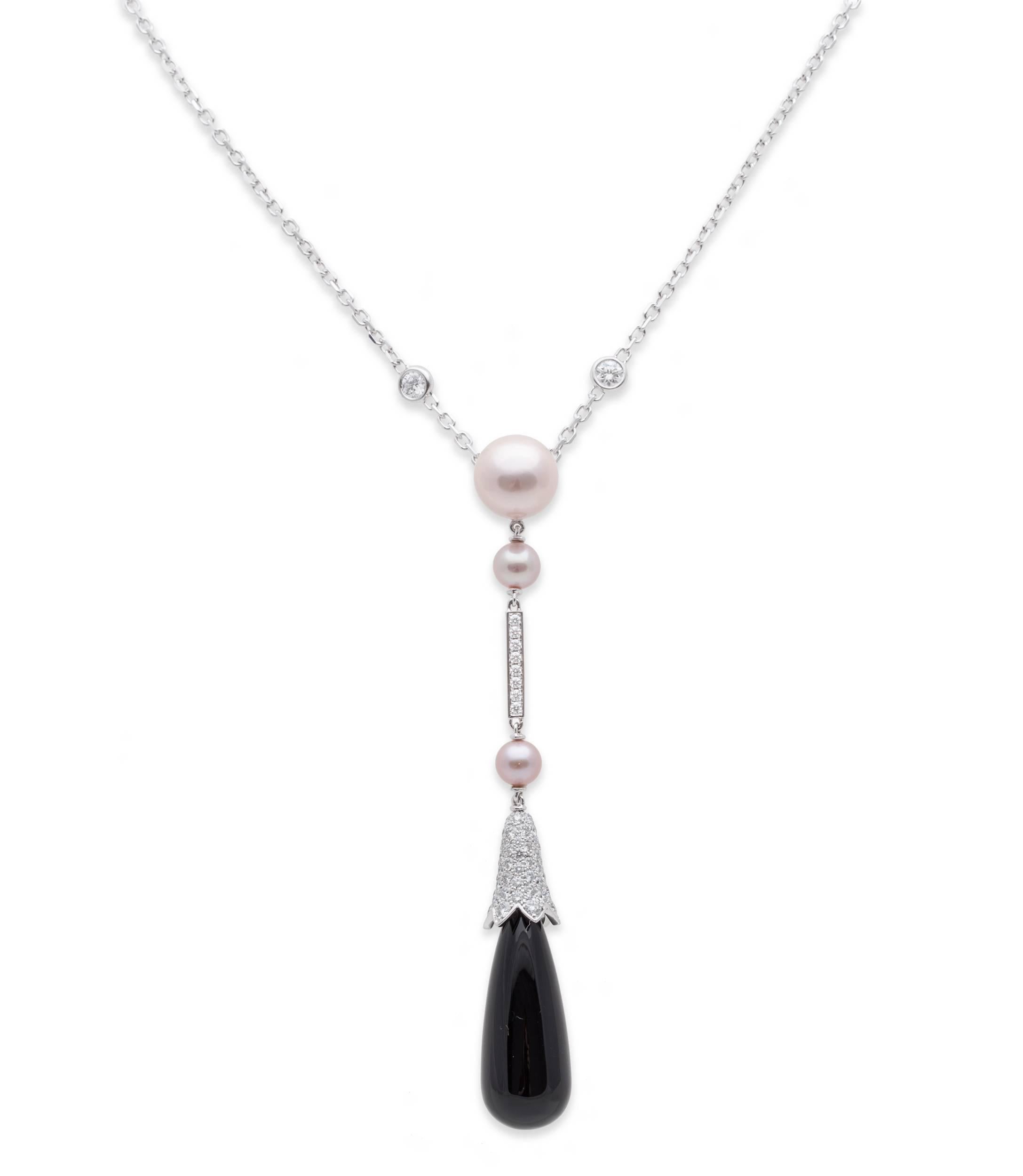 Cartier Diamond, Fresh Water Pearl, and Onyx Earring and Necklace Set in 18K White Gold, Earring Length: 4.50