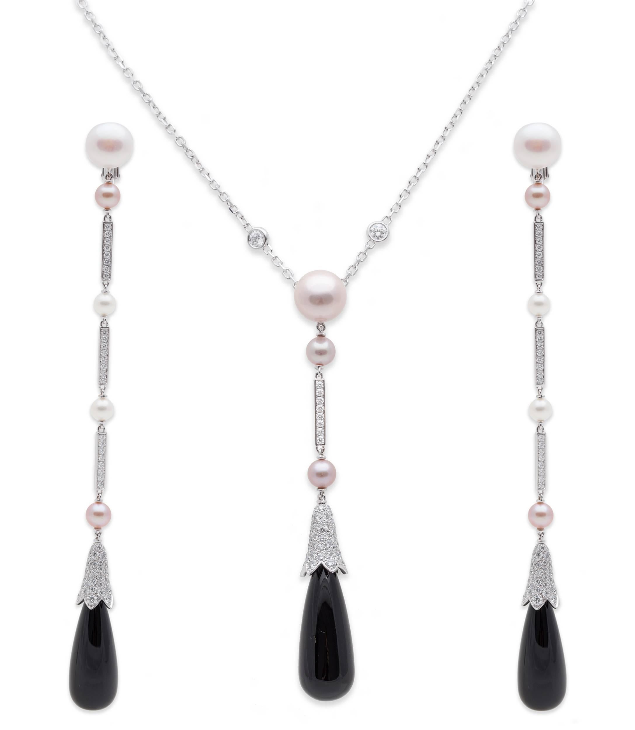 Cartier Pearl Onyx Diamond Earring and Necklace Set For Sale