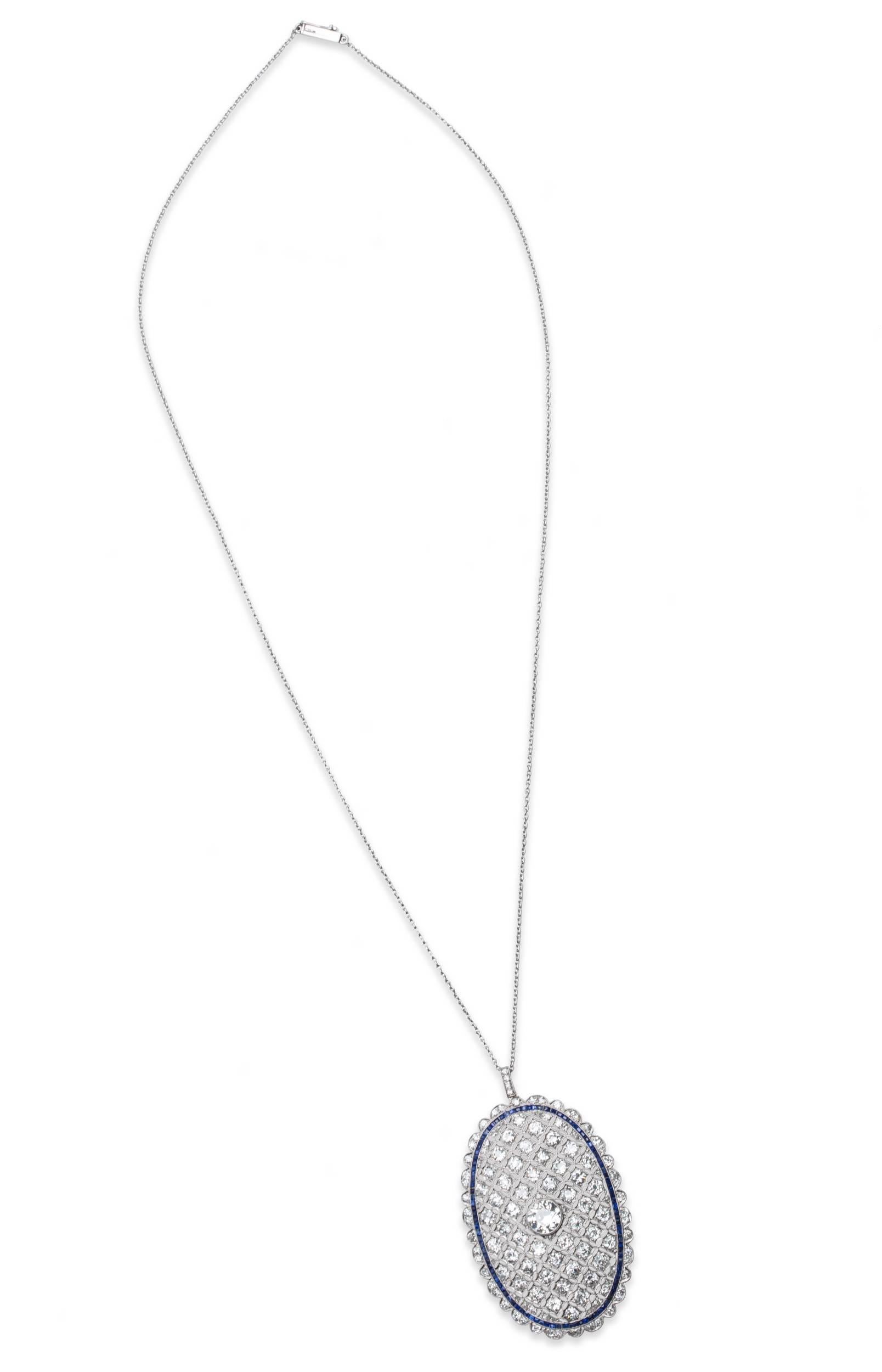 Diamond and Calibre-cut Sapphire Pendant Necklace in Platinum on Fine Link Chain, Pendant Dimensions: L 2.50