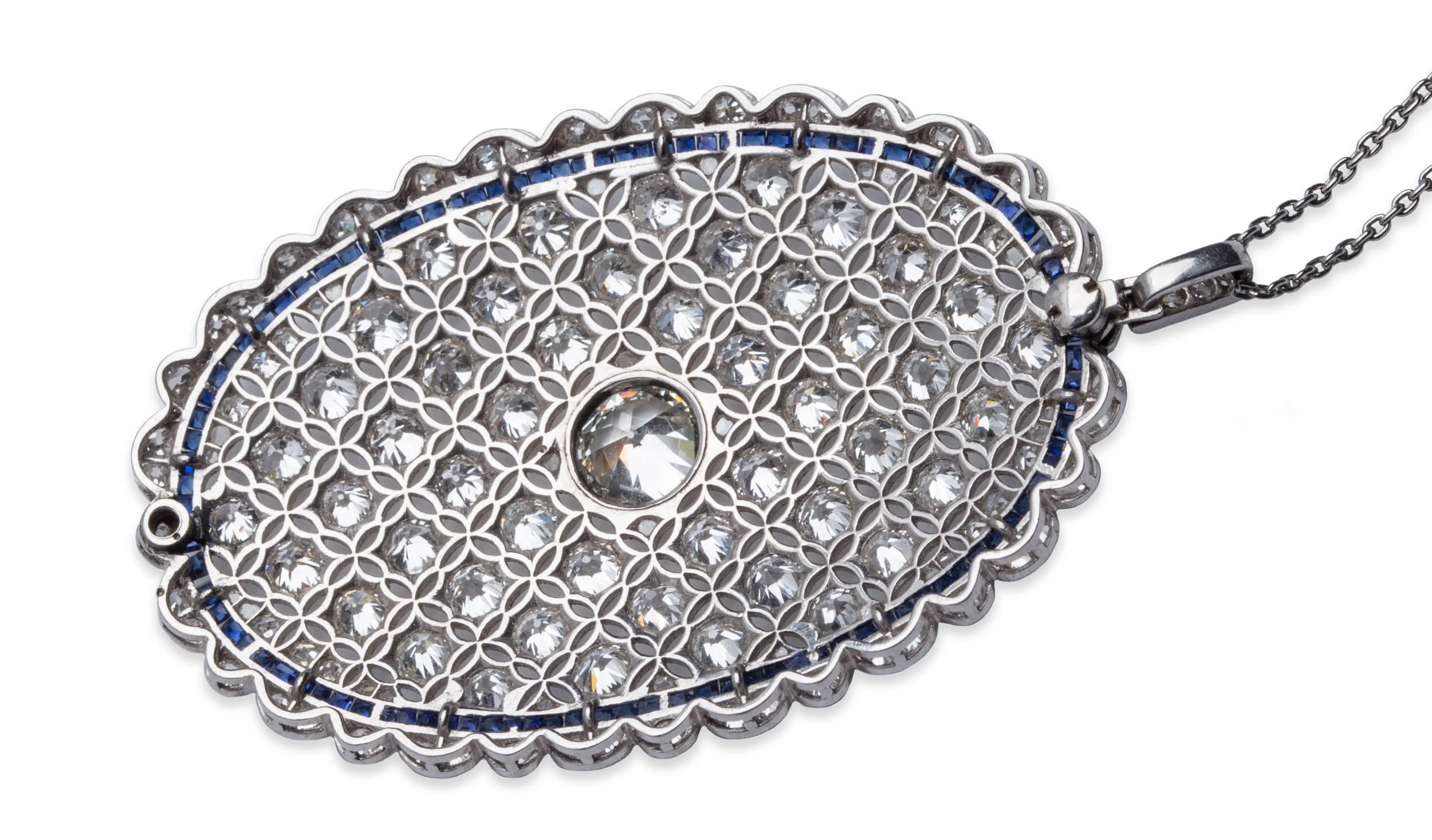 Art Deco Sapphire Diamond Platinum Pendant Necklace For Sale