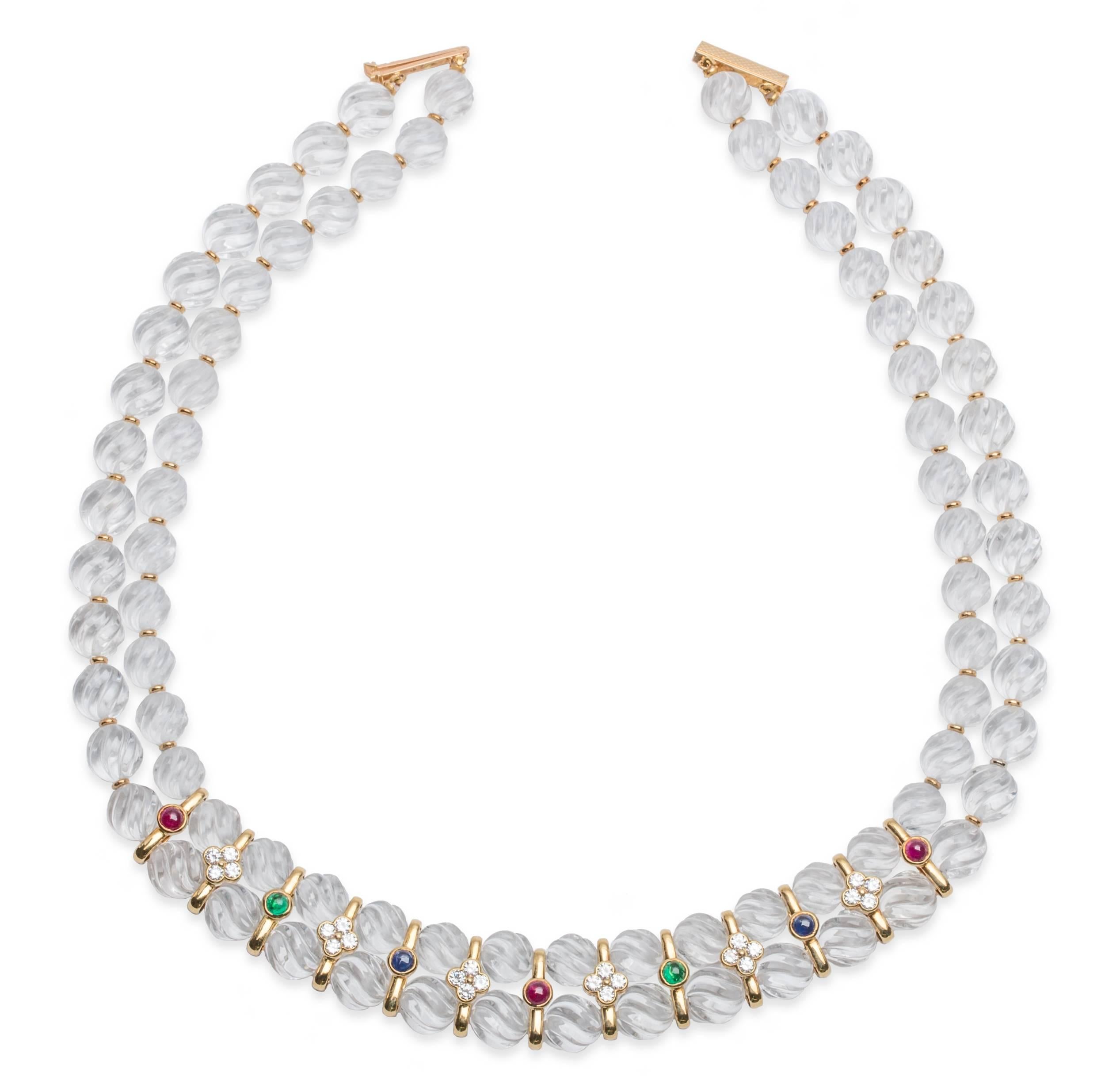 Boucheron Diamond, Ruby, Emerald, Saphire, and Quartz Necklace and Earring Set in 18K Yellow Gold, Total Diamond Weight: 2.00ct., Earrings Length: 1