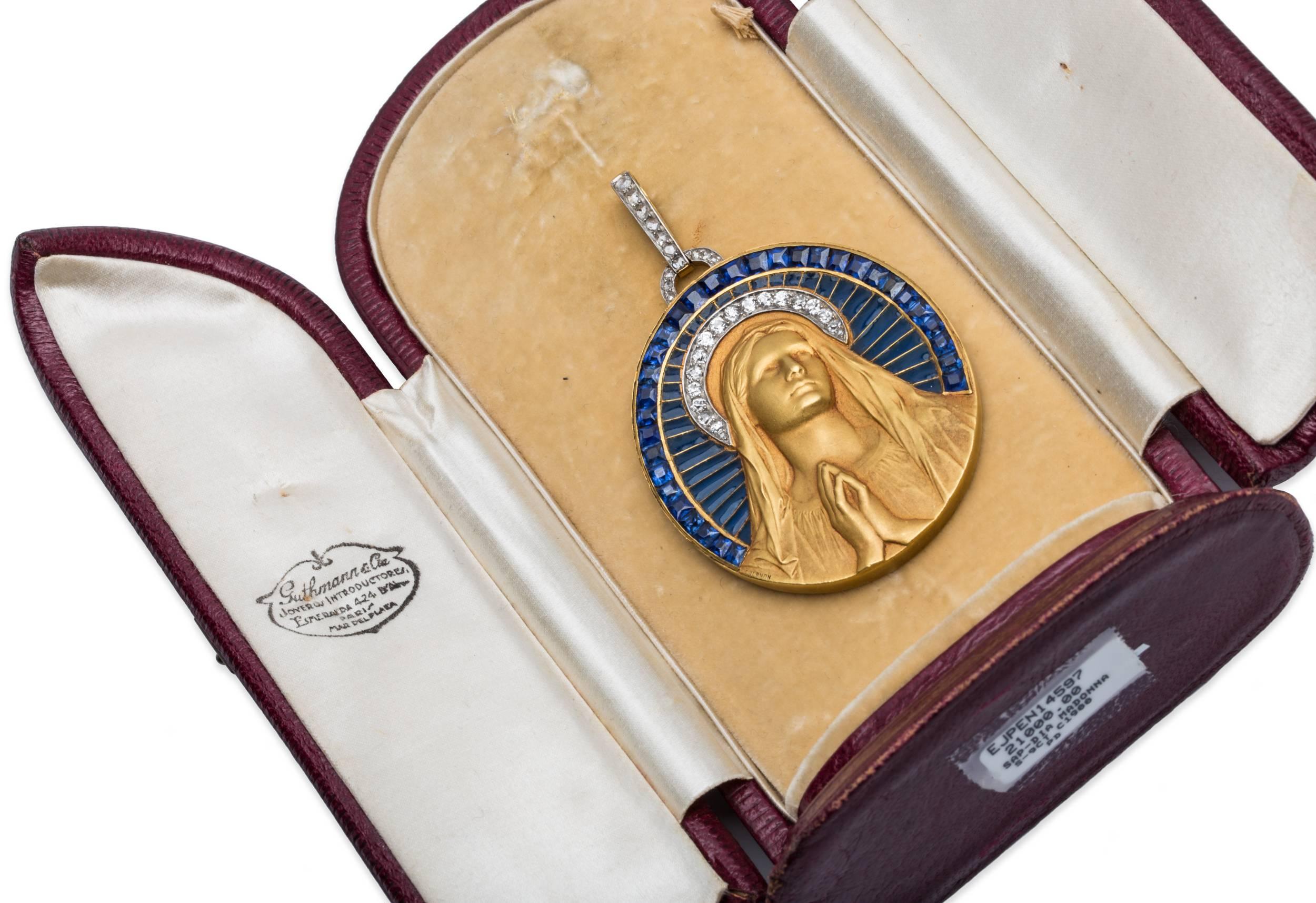 Women's or Men's Art Nouveau Enamel Sapphire Diamond Gold Platinum Madonna Pendant