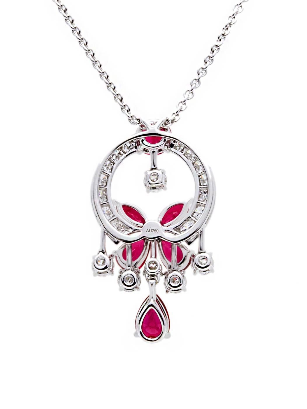 Graff Classic Butterfly Pendant in 18K White Gold. Total Diamonds Weight 1.28 carat, Total Ruby Weight 2.83 carat. The pendant comes on a Graff 18K White Gold 17