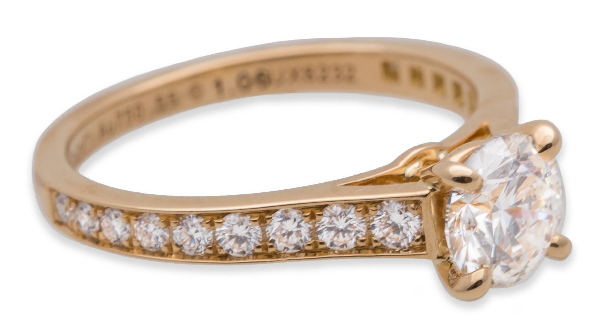 Cartier 1.06ct diamond ring in 18K yellow gold. Center stone is a round 1.06ct H VVS1 GIA certified diamond, 18K Yellow Gold. Ring Size 55/ USA 7. 