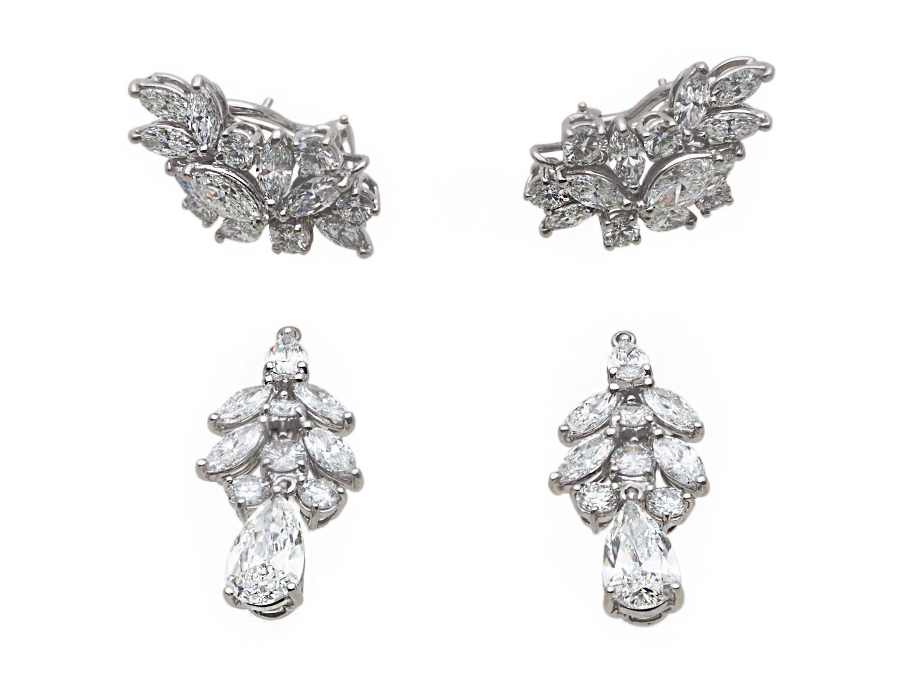 Diamond Earrings made of 18K White Gold. Total Diamond Weight 19.00 carat, the bottom pear shape are 1.36 carat and 1.39 carat.The bottom part is detachable. The earrings are 2 inches long. 