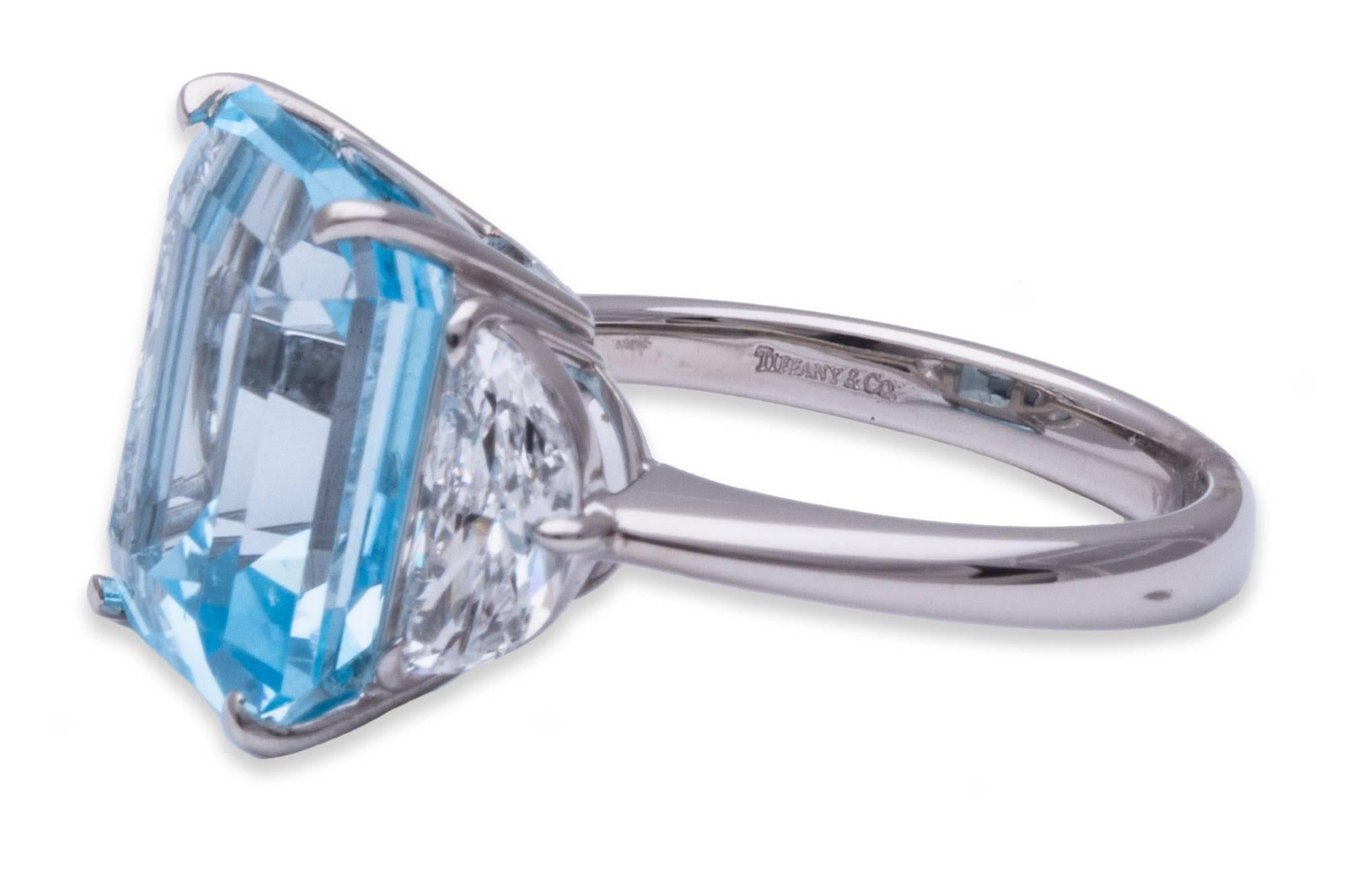 Tiffany & Co. Aquamarine & Diamond Ring in Platinum with an 8.00ct Aquamarine Center Stone and (2) Half Moon Diamond Side Stones: 1.40ct Total Diamond Weight, Ring Size: US 6.5 / EUR 53  