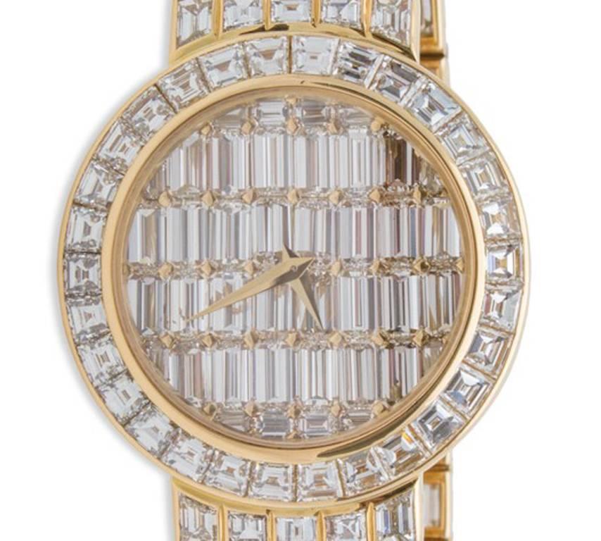 Vacheron Constantin Kalla Pagode, all diamond wristwatch in 18K yellow gold. Total of 180 emerald cut D color, IF clarity diamonds. Case Diameter 34mm, Bracelet Width 17.90mm, Watch Total Length 19cm (7.50in). This is a very stunning and rare all