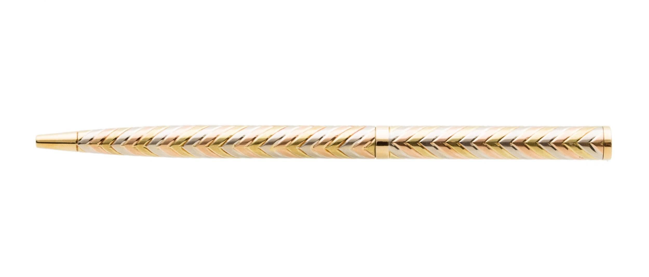 Solid 18K Tricolor Gold Pen in 18K Yellow, White and Rose Gold. Total Gold Weight 27.8 gr, Total Diamond Weight 0.36 carat. Ink Refills, Hallmark: 