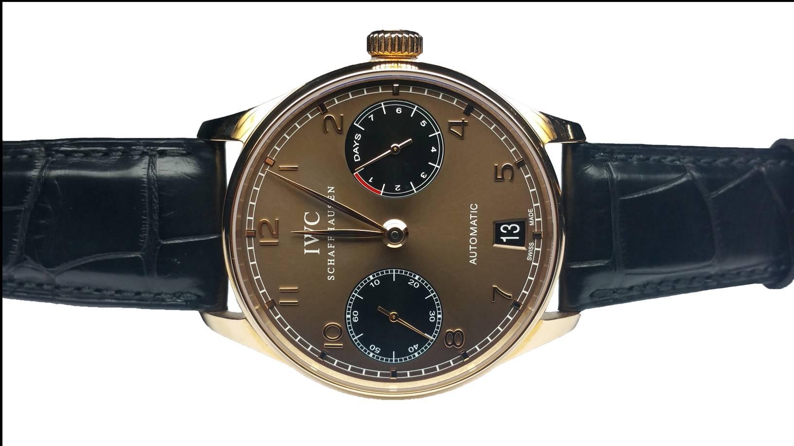 IWC Portuguese 7 Day Power Reserve Automatic, Limited Edition of 500 pieces, 42mm 18K Rose Gold Case, Automatic Movement with 7 Day Power Reserve, Brown Dial with Gold Arabic Numbers, Black Sweep Sec & Power Reserve Sub-dials, Sapphire Crystal,