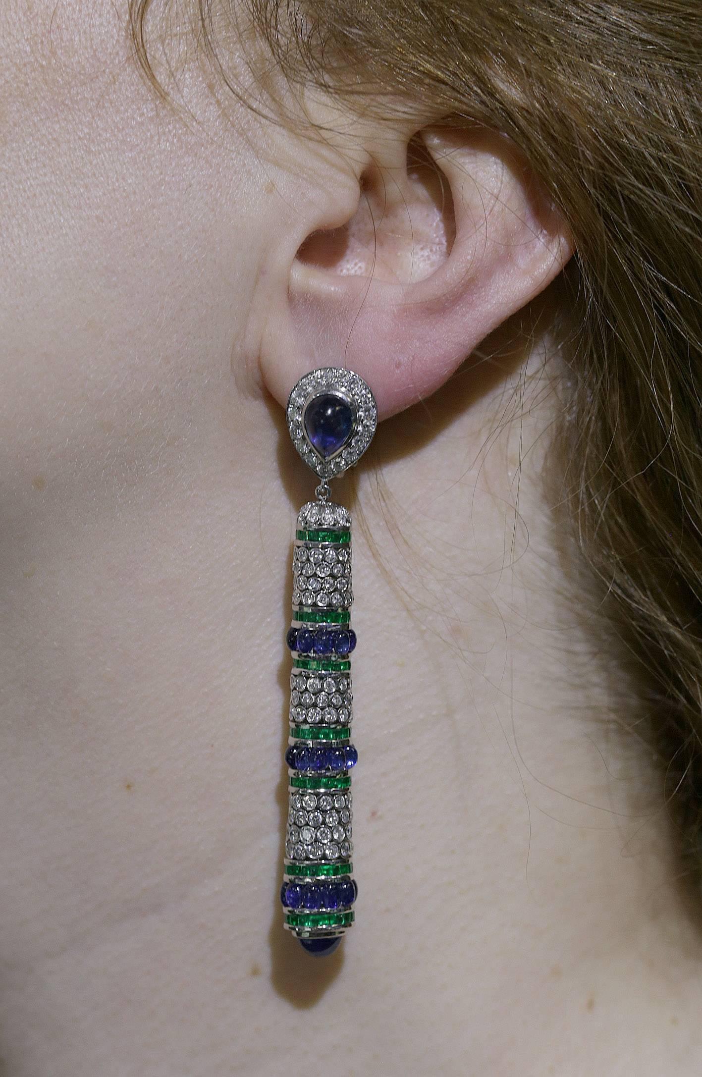 Contemporary de Grisogono Diamond Sapphire and Emerald Earrings For Sale