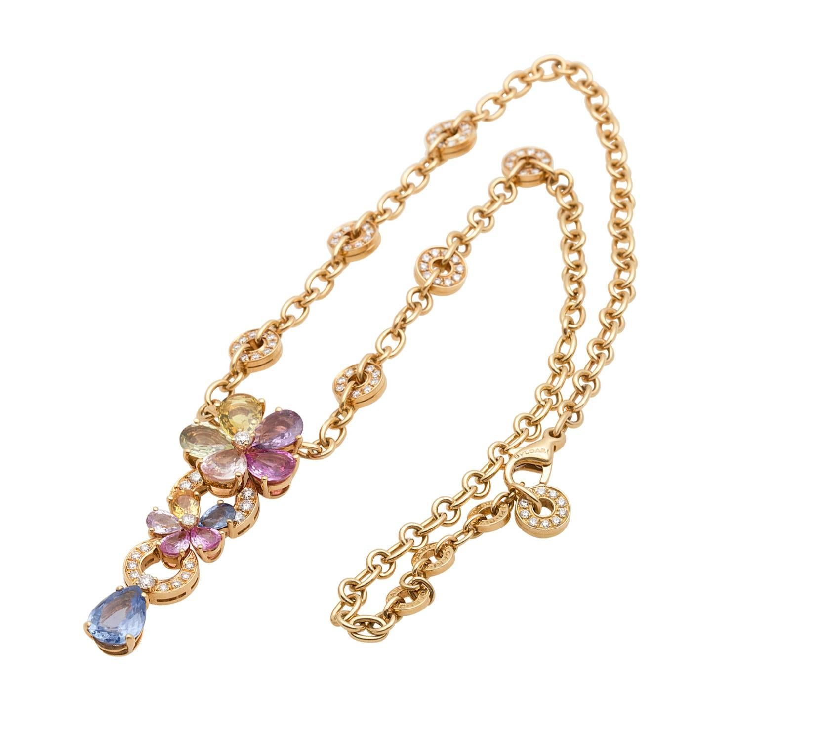  BVLGARI Multi-Color Sapphire and Diamond Flower Necklace in 18K Yellow Gold. Total Diamond Weight: 2.15ct, Total Sapphire Weight: 11.00ct, Necklace Weight: 36.2g, Necklace Length: 17.00 inches, Pendant Drop 1.875 inches, Signed:
