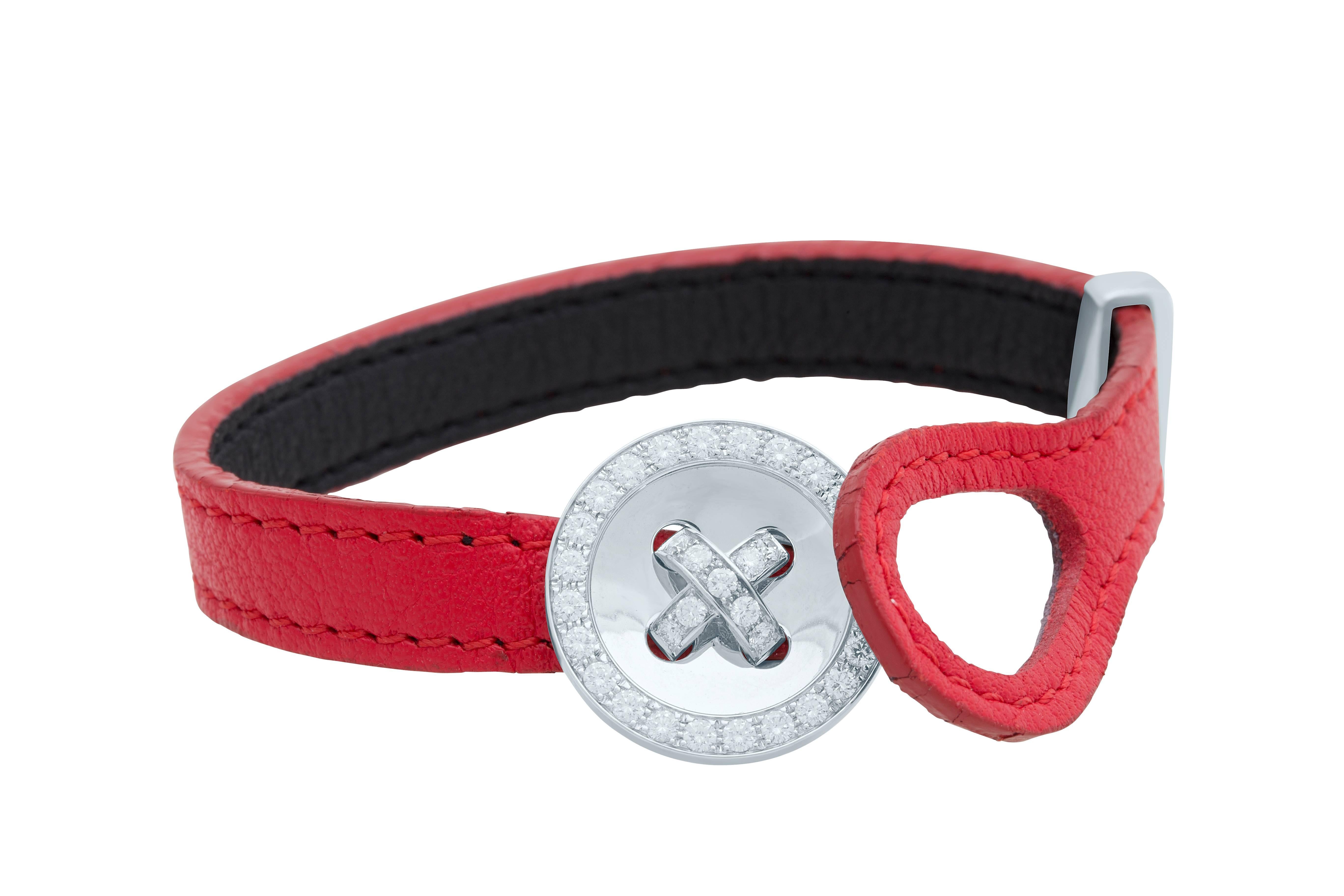 Van Cleef & Arpels Diamond Button Leather Bracelet, 18K White Gold, Red Leather Strap, Button Diameter: 0.81 inch /  2.06 cm, Length: 7.00 in /  17.78 cm, Width: 0.375 in /  0.95 cm, Hallmarks: "VCA, 750, BL, 125551, Makers Mark, French