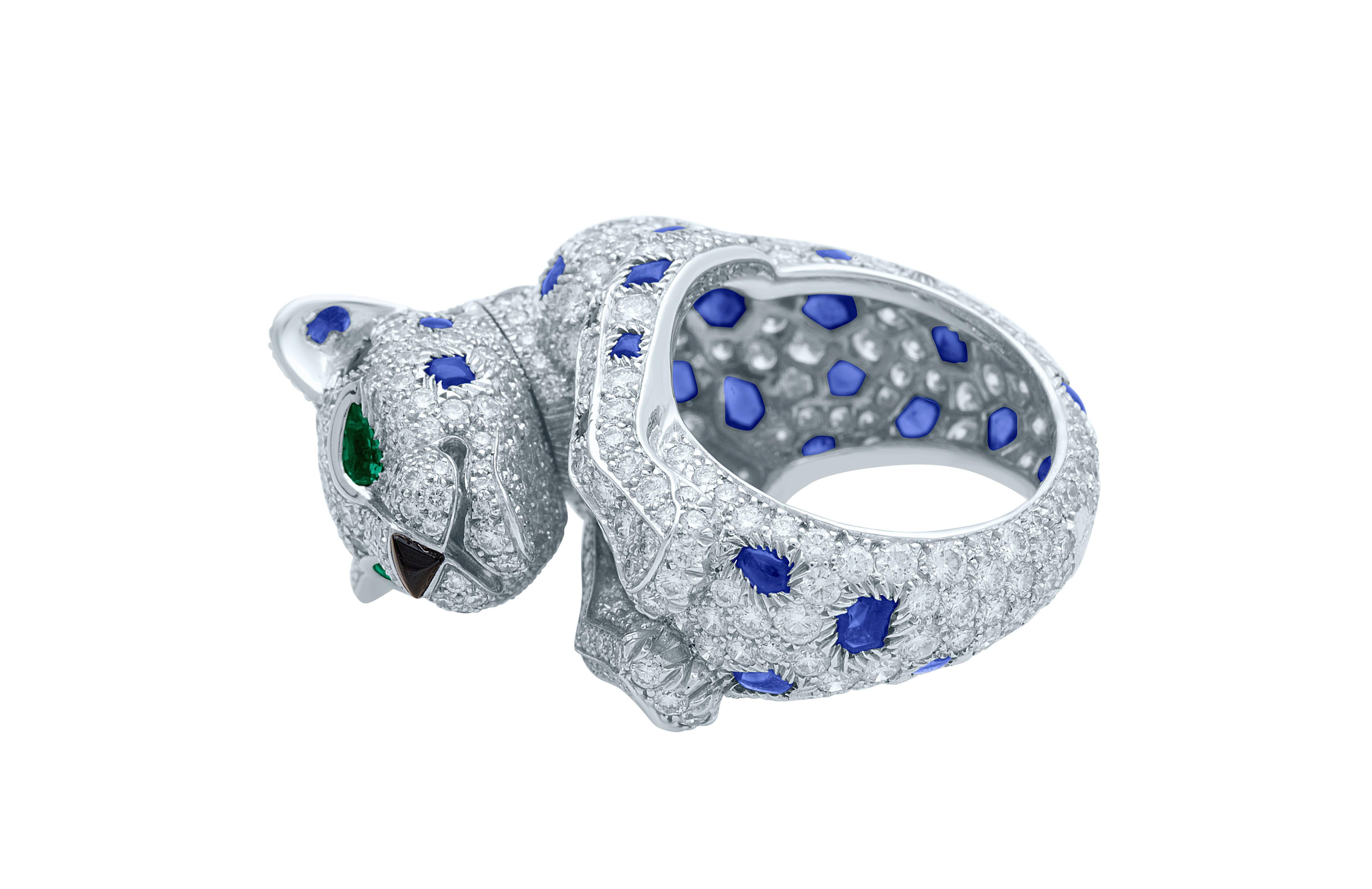 Women's or Men's Cartier Panther de Cartier Platinum Diamond Sapphire Onyx and Emerald Ring