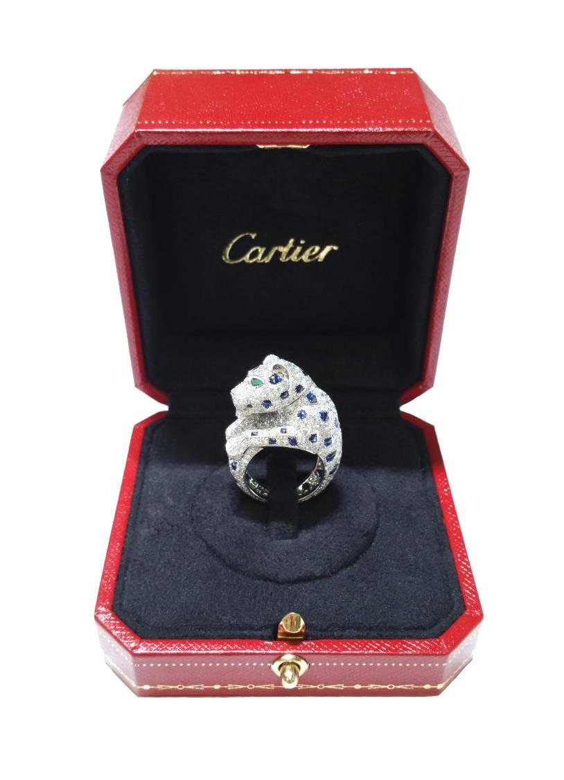 Cartier Panther de Cartier Platinum Diamond Sapphire Onyx and Emerald Ring 2
