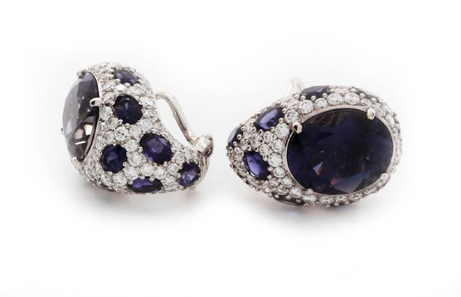 Asprey of London Iolite and Diamond Earrings in 18K White Gold. Earrings have collapsible posts, they can be worn either using posts or as clips. Total Iolite Weight: 10.95ct, Total Diamond Weight: 2.75ct, Hallmarked: "Asprey",