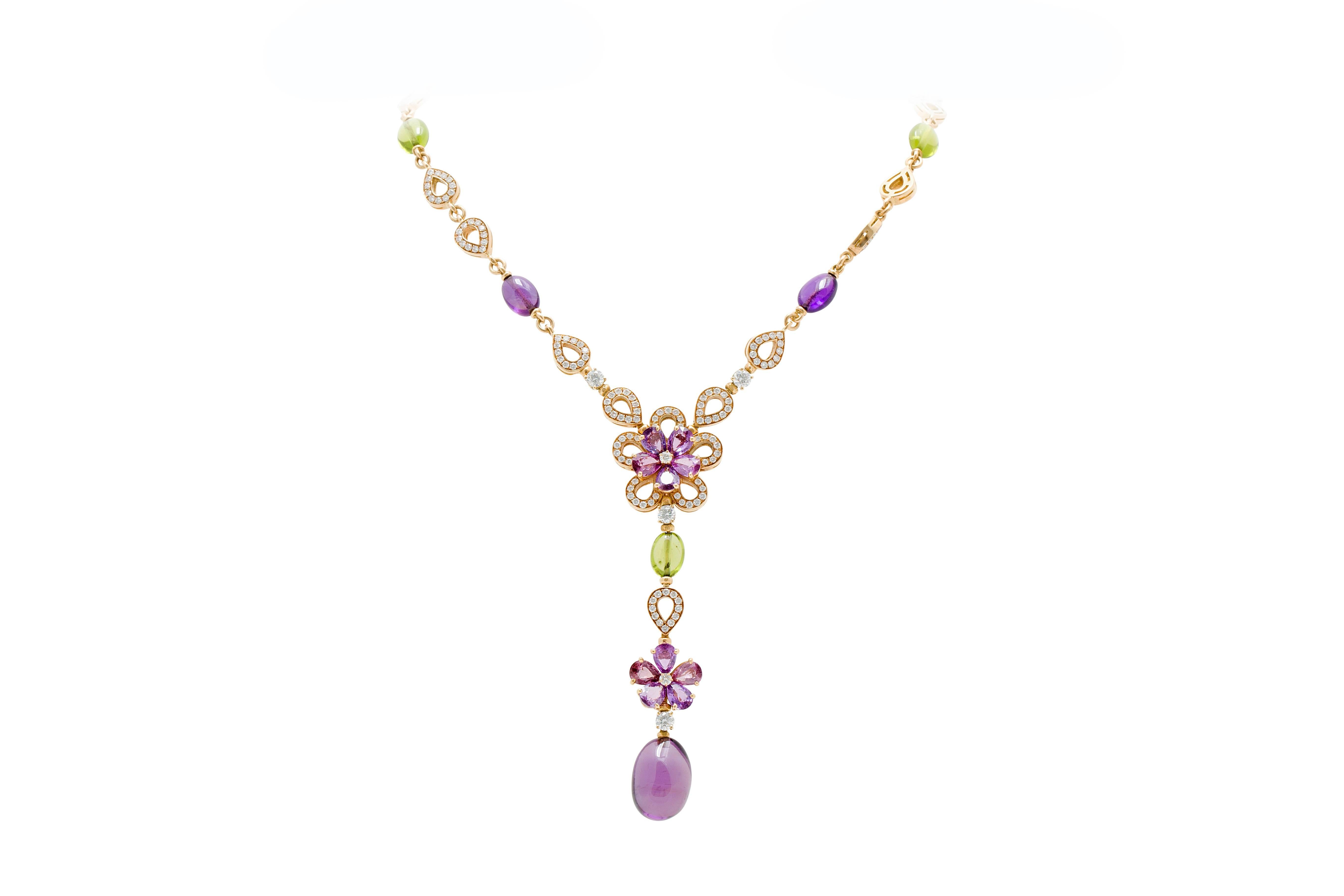 Bulgari Color Collection 18K Yellow Gold Necklace, Earring, and Ring Set with Diamonds, Color Sapphires, Amethyst (Purple), and Peridot (Green). Maximum Necklace Length: 17.00", Necklace Drop: 3.38", Earring Length: 1.50", Ring Size: 