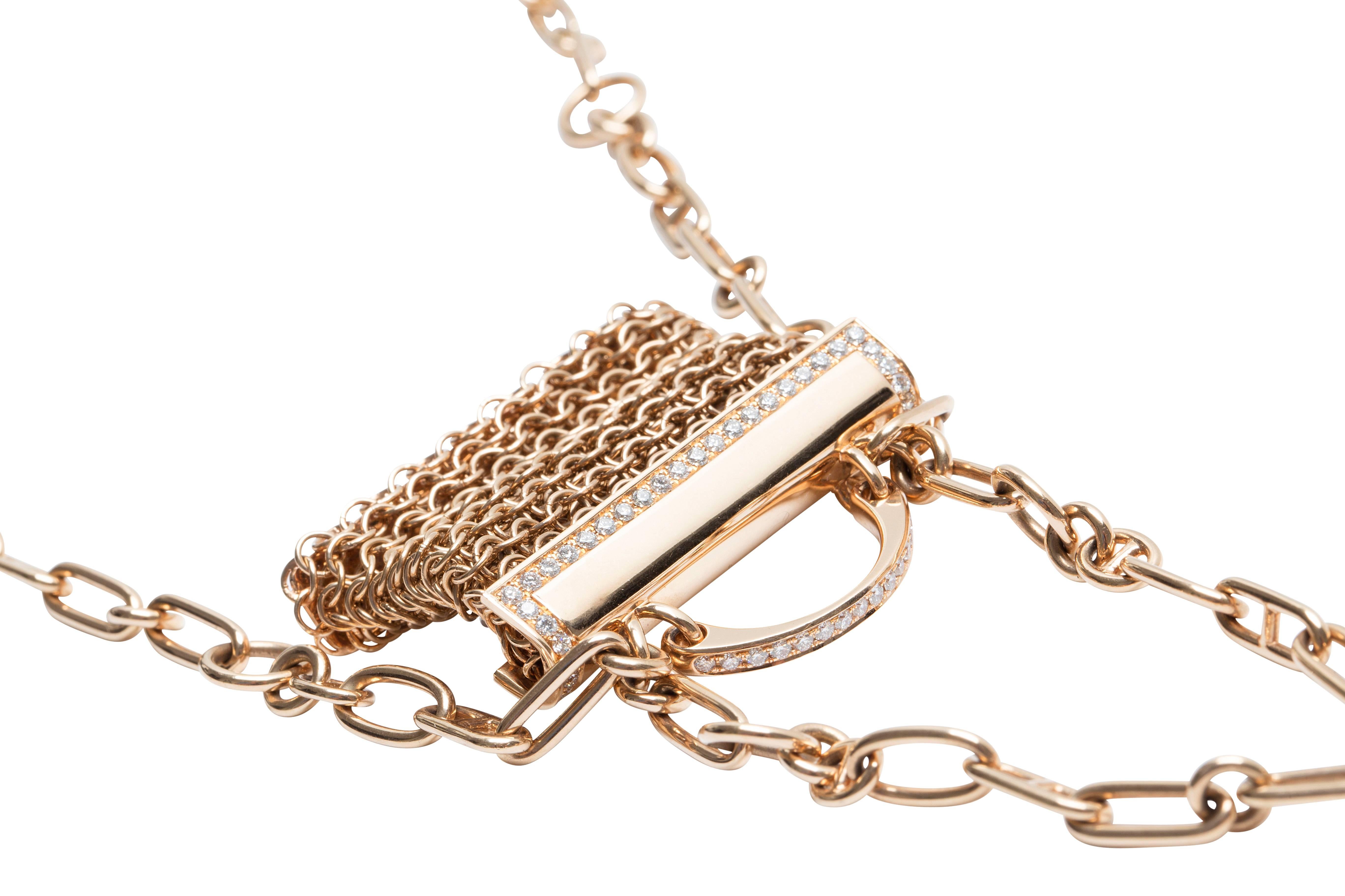 Hermes  Pink Gold and Diamond Handbag Necklace For Sale 1