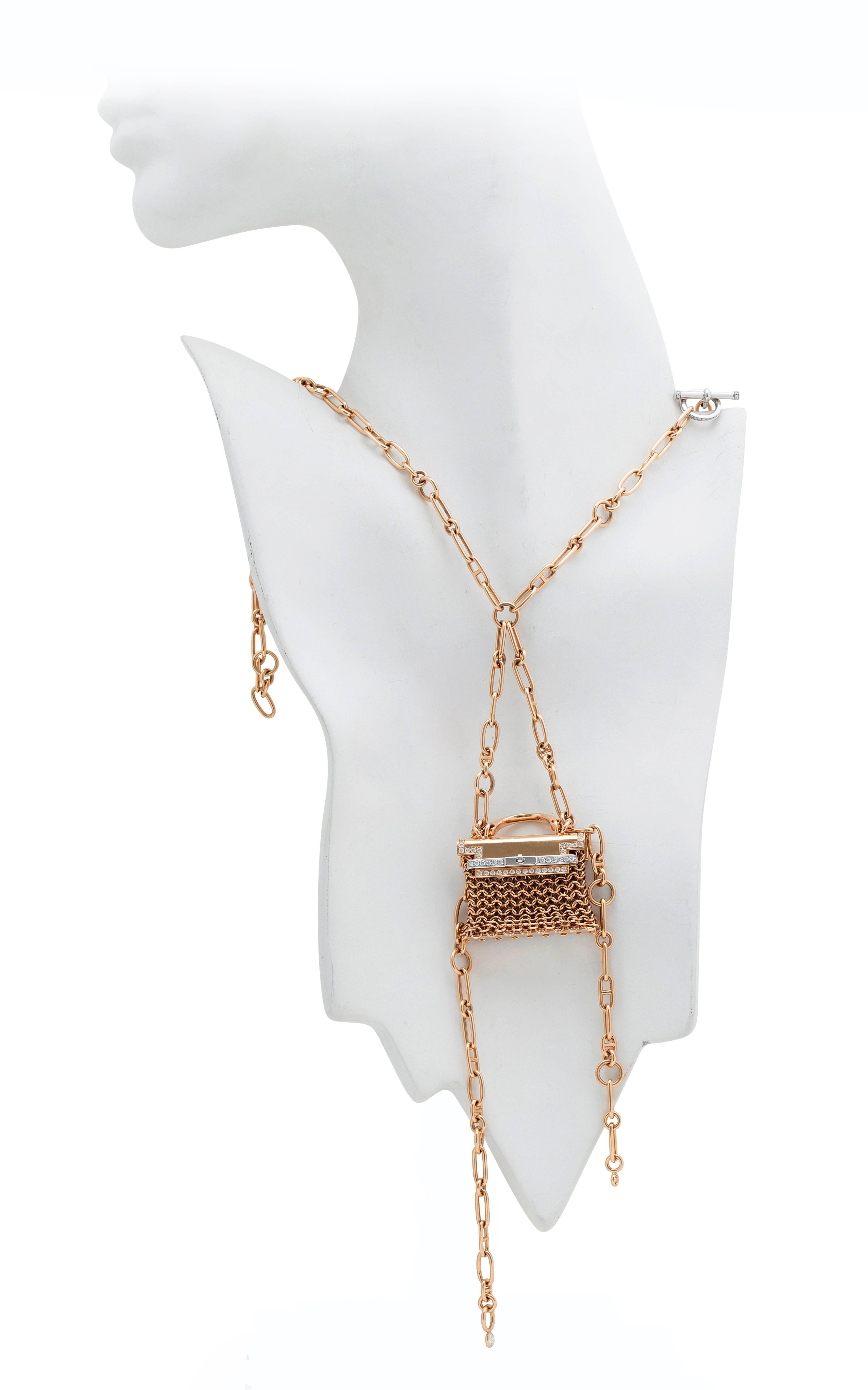 Hermes  Pink Gold and Diamond Handbag Necklace For Sale 5