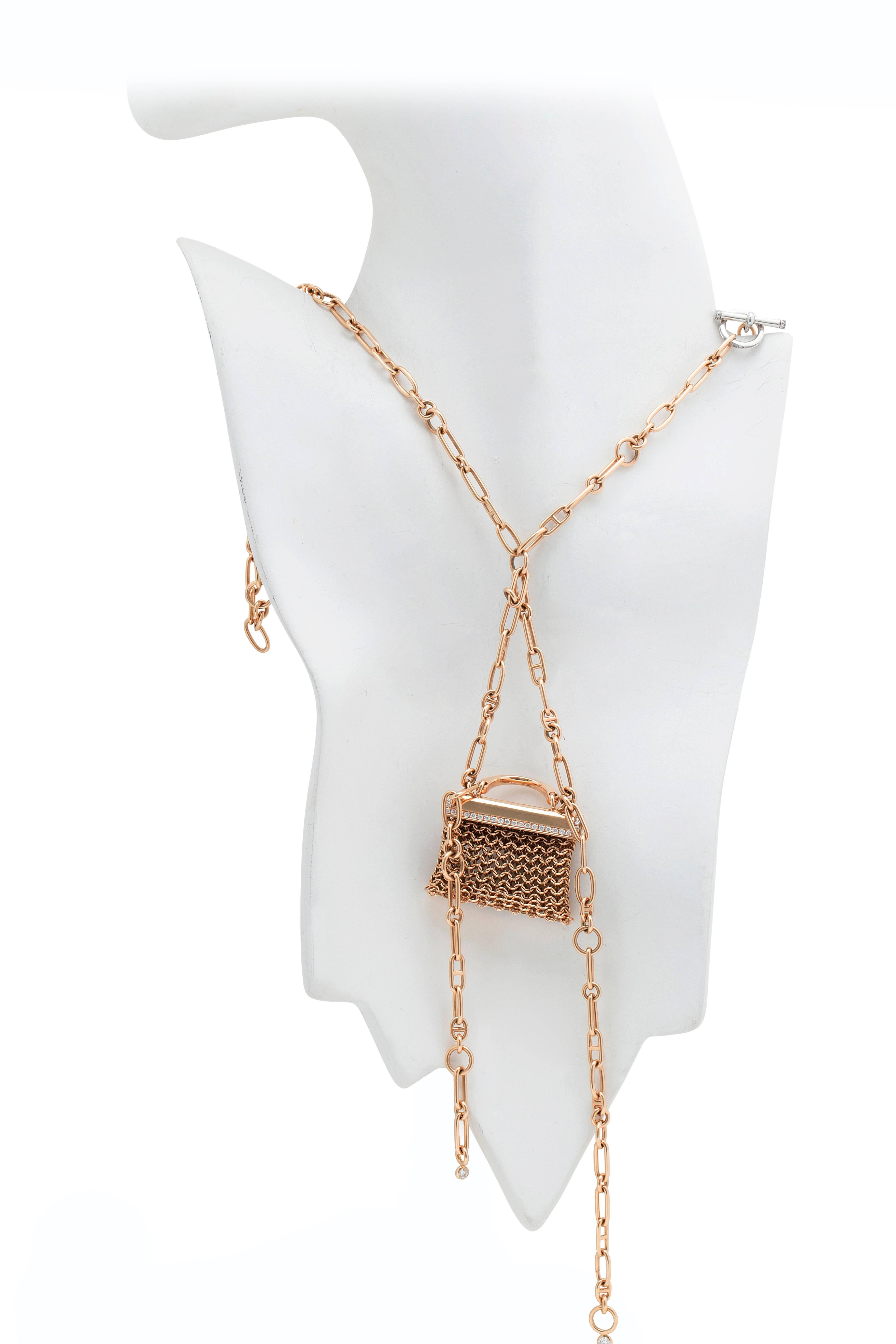 Hermes  Pink Gold and Diamond Handbag Necklace For Sale 6